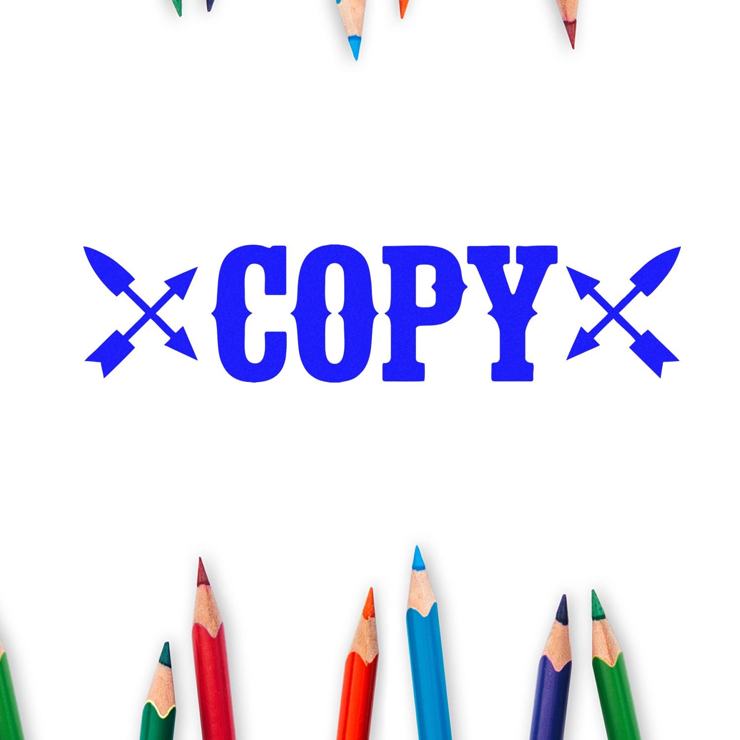 Blue COPY stamp with crossed arrows, framed by colorful pencil tips on a white background.