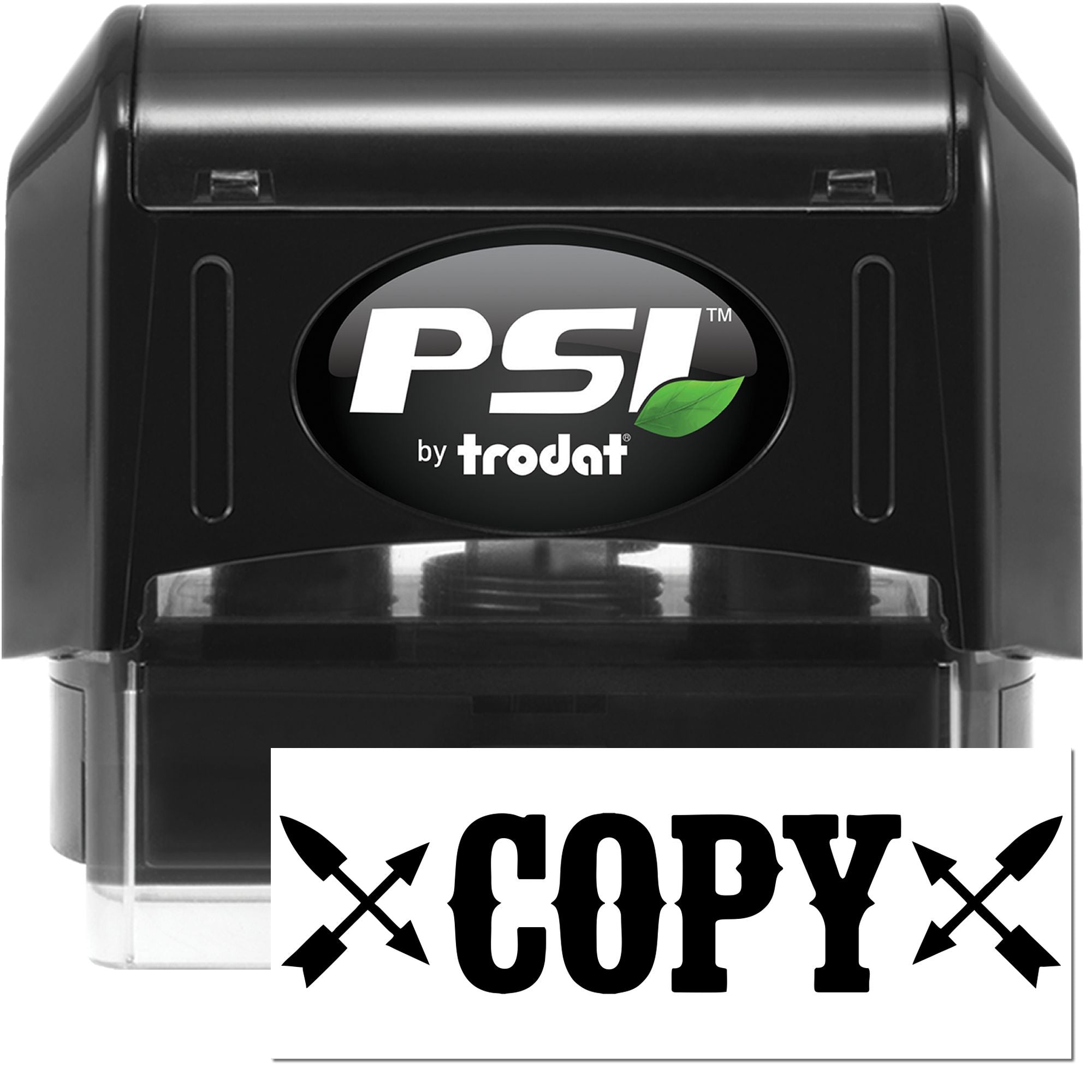 Black self-inking PSI by Trodat stamp and seal with green leaf logo, plus white COPY sign.