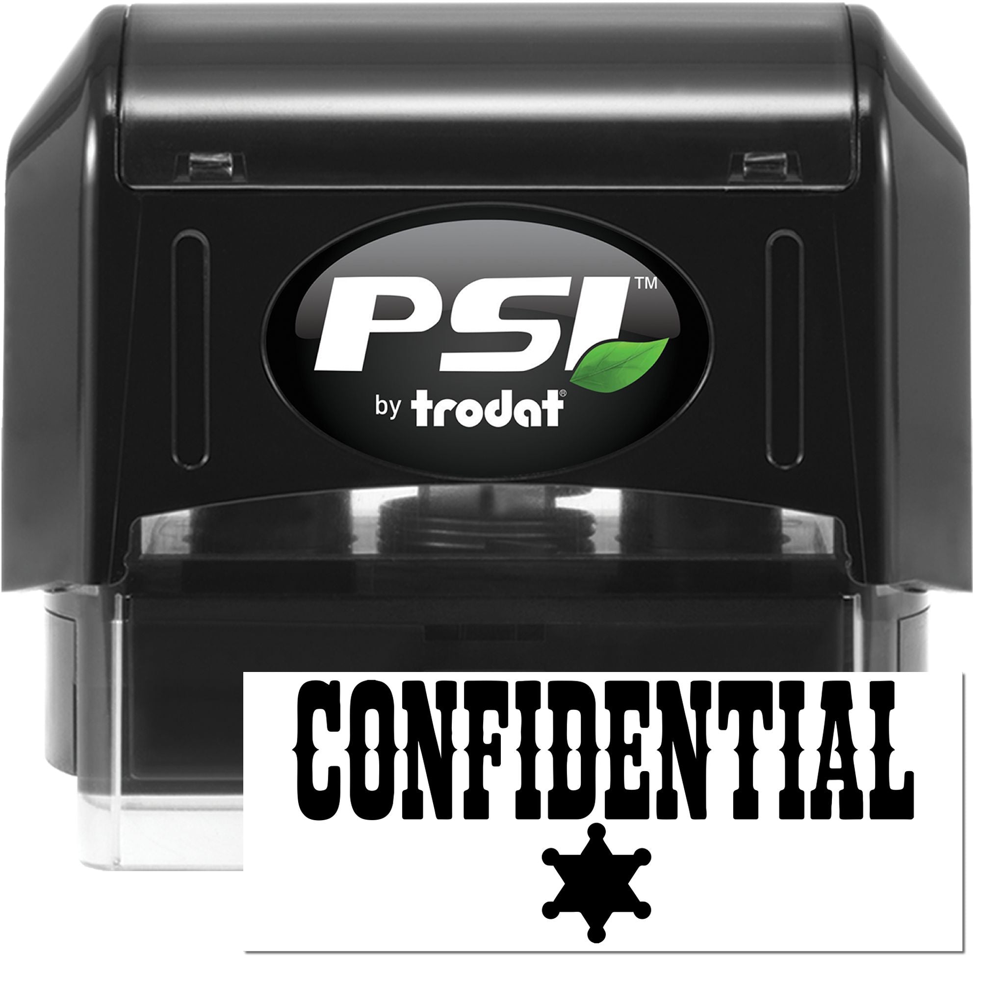 Black PSI by Trodat self-inking confidential stamp and seal, black casing with green leaf logo and bold CONFIDENTIAL marking.