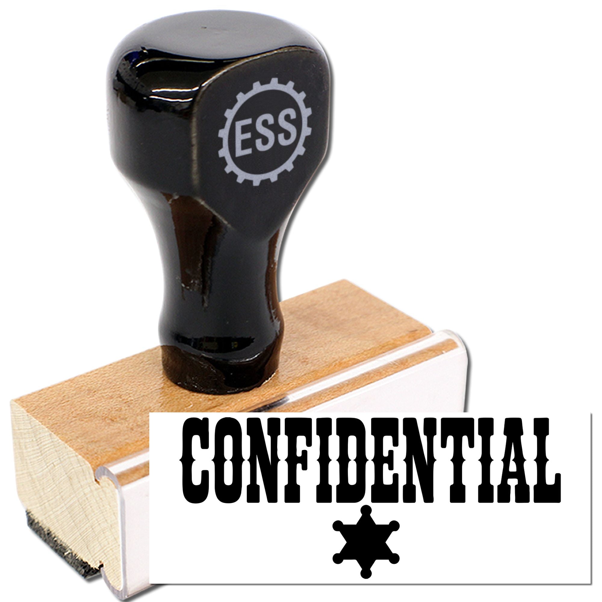 Black confidentiality stamp and seal with wooden base, showing CONFIDENTIAL in bold black and a sheriff star emblem.