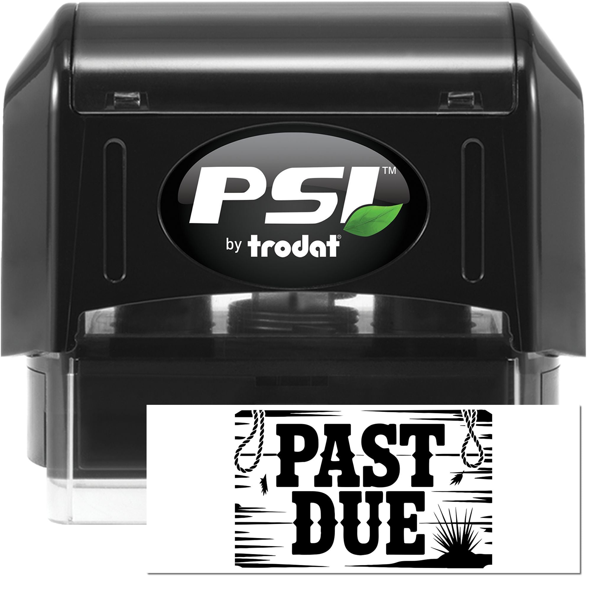 Black PSI by Trodat self-inking stamp and seal with bold PAST DUE imprint in black on white.