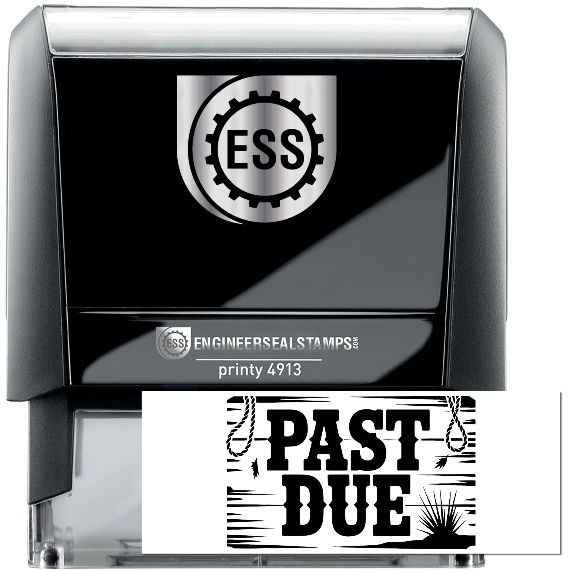 Black and silver self-inking engineer seal stamp with ESS logo and bold PAST DUE impression insert
