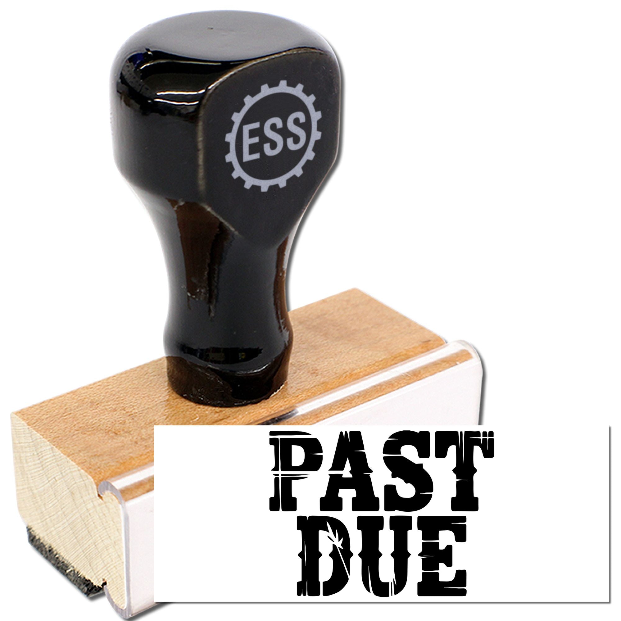 Black rubber stamp and wooden seal block with ESS logo, showing bold black PAST DUE text on white.