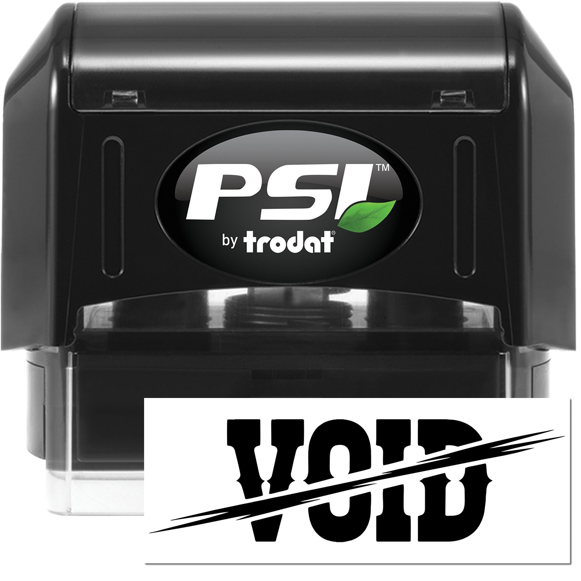 Black PSI by Trodat self-inking stamp and seal with green leaf logo and clear VOID imprint