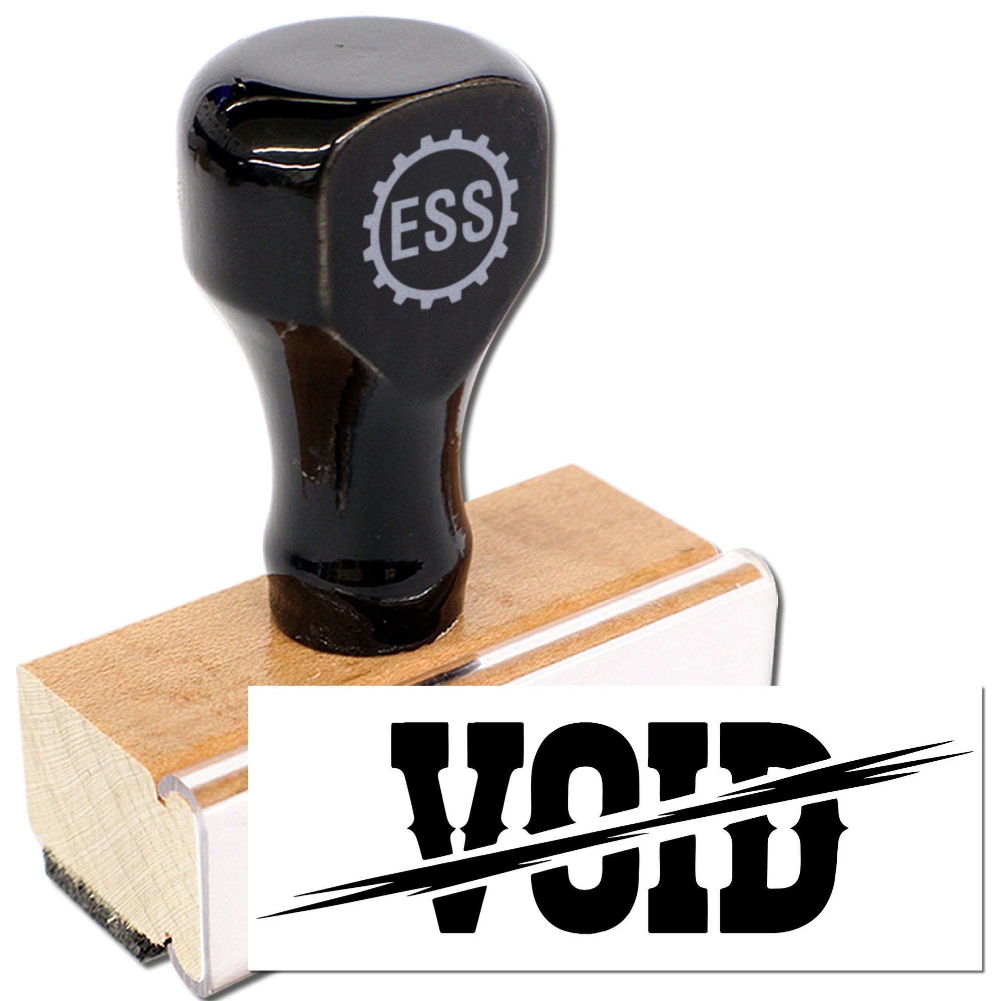 Black ESS self-inking stamp with wooden base and white VOID seal impression on a white background.