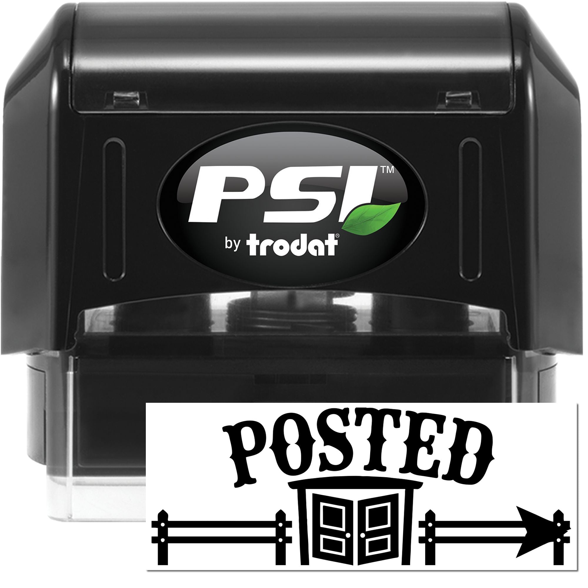 Black PSI by Trodat self-inking stamp and seal with posted impression in bold black on white