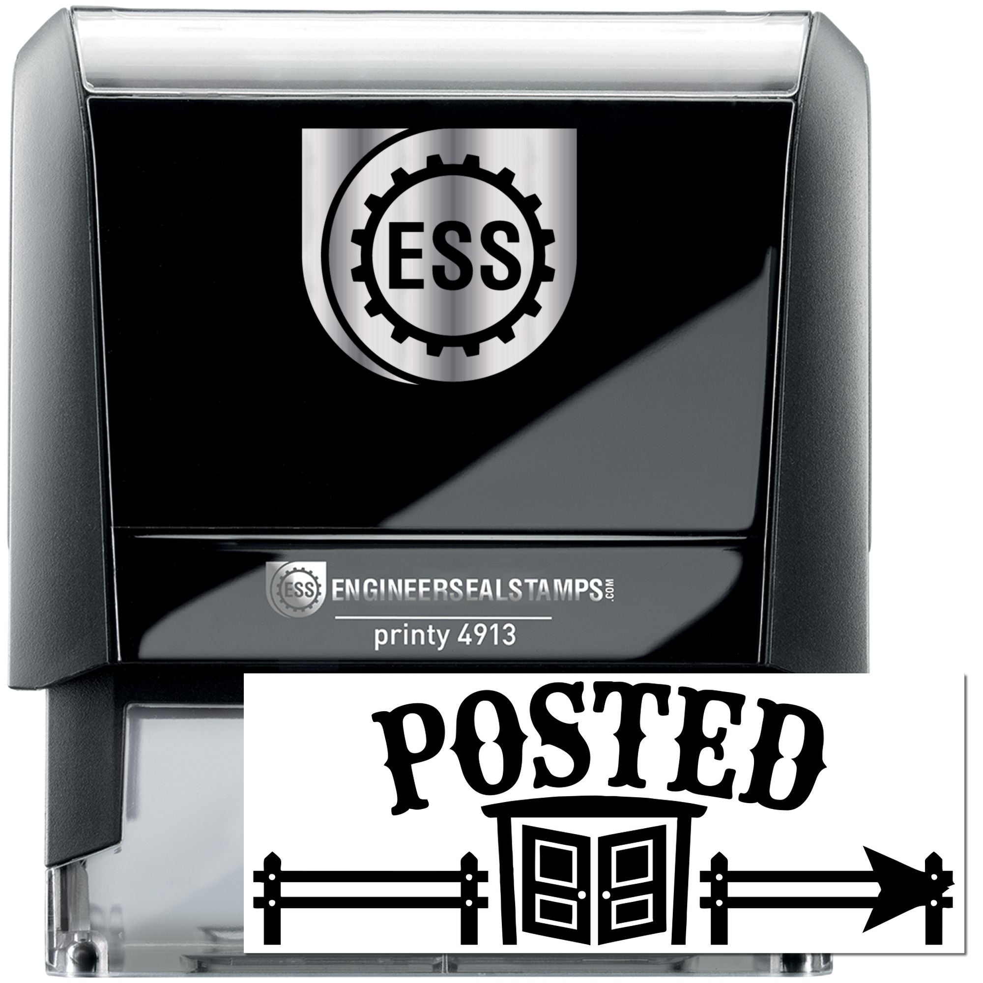 Black and silver self-inking engineer seal stamp with ESS logo and bold Posted seal imprint.