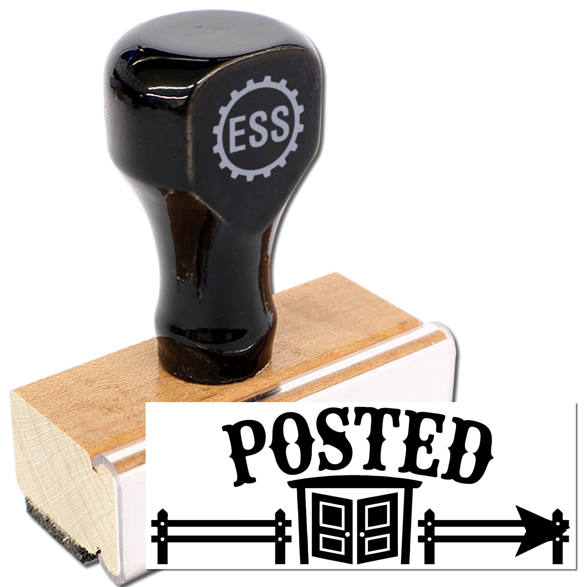 Black rubber posted stamp and seal with wooden base, ESS logo handle, and bold Posted design.