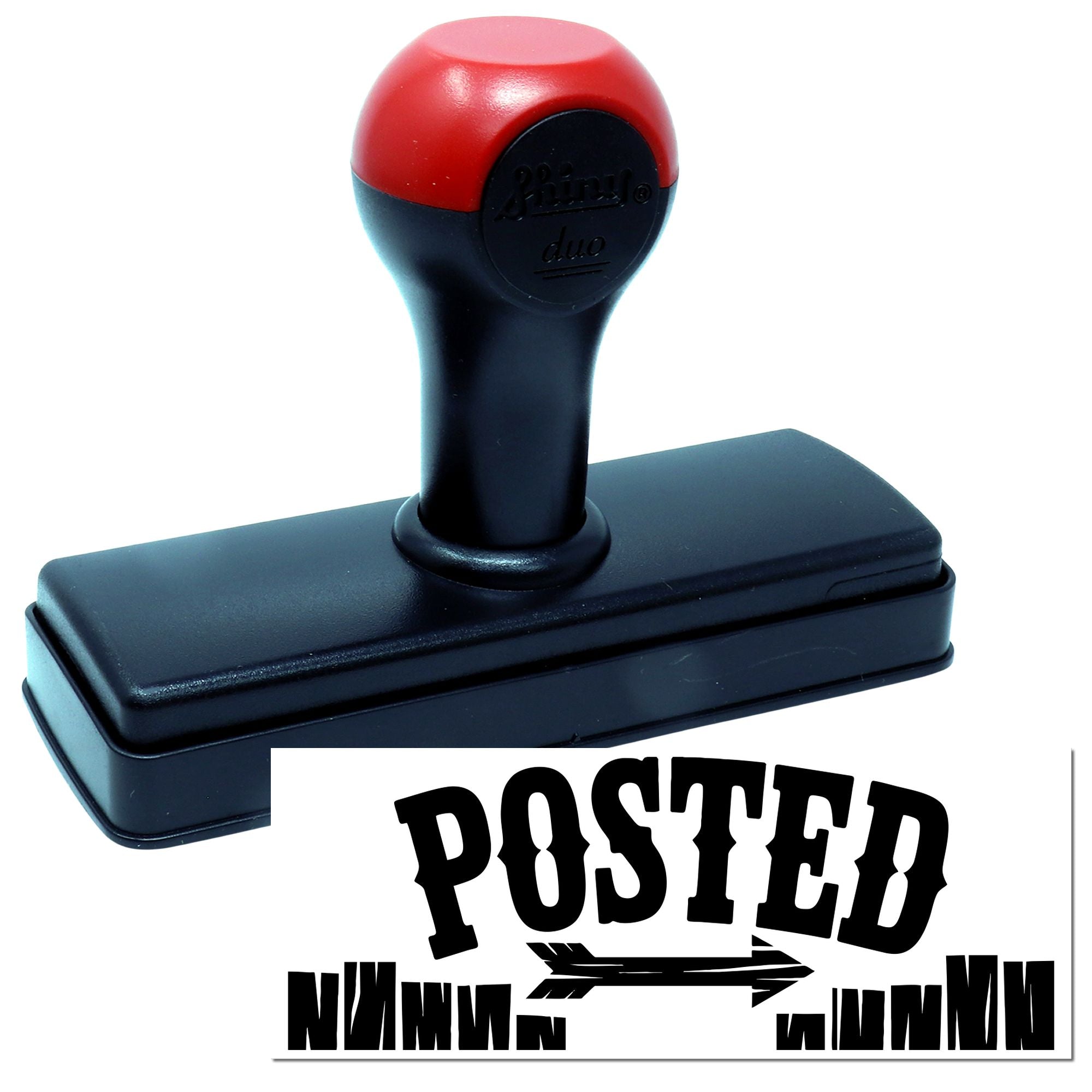 Red-and-black self-inking stamp and seal with bold black POSTED imprint on a white background.