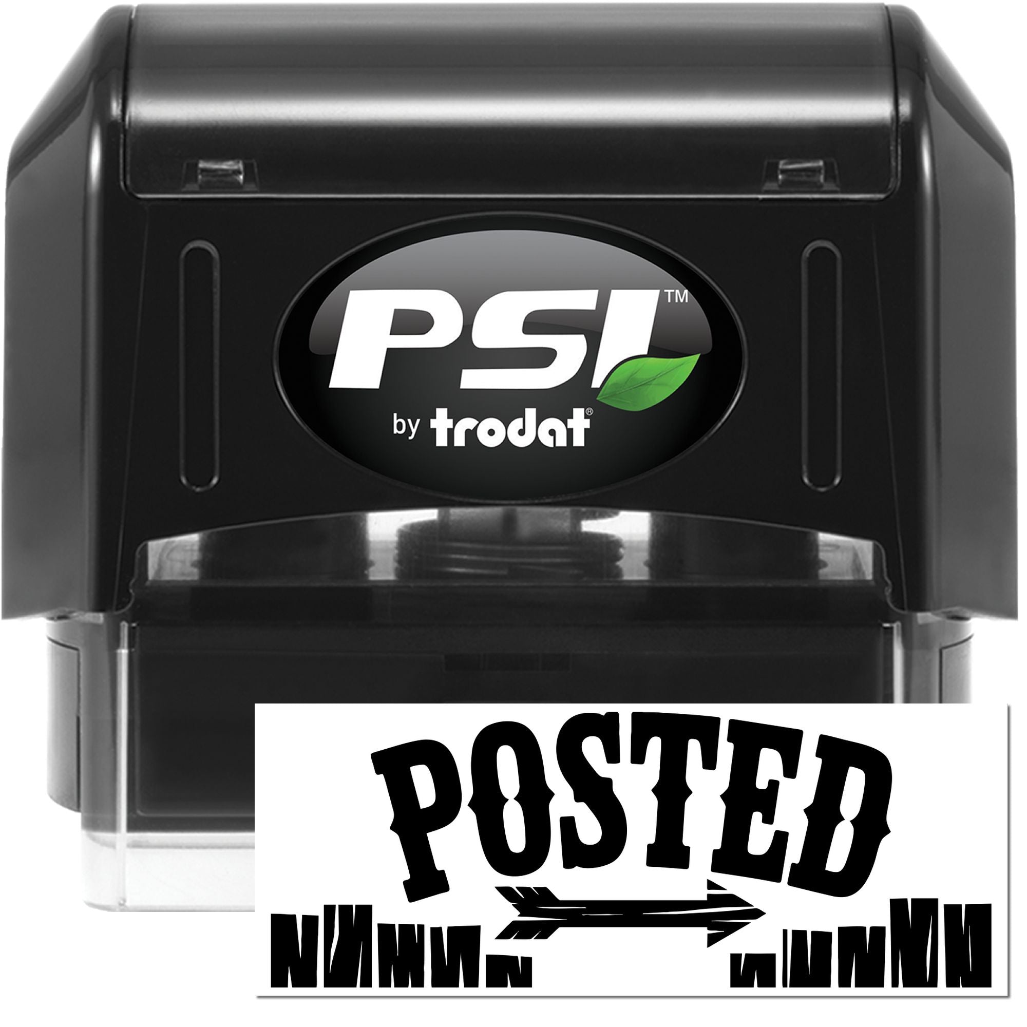 Black PSI by Trodat self-inking stamp and seal with clear housing, featuring bold white logo and POSTED imprint.