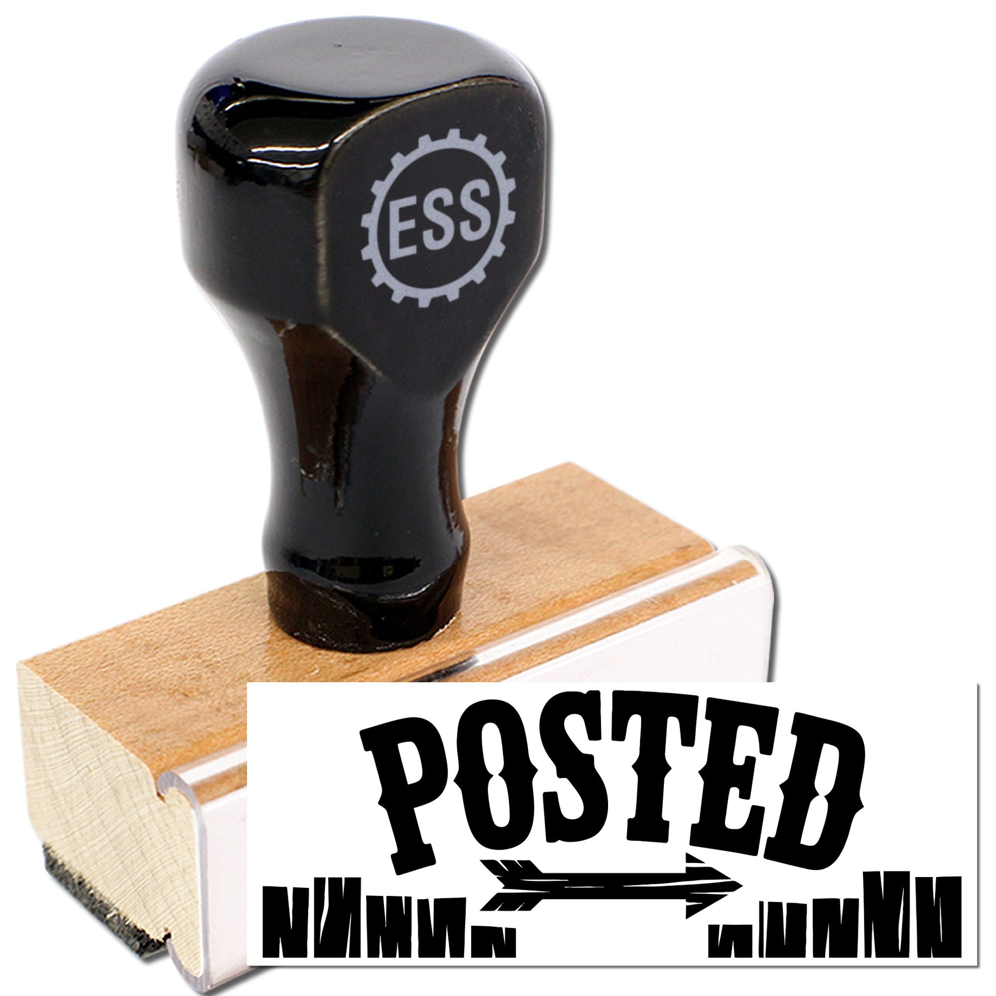 Black rubber stamp seal on a wooden block with POSTED impression, ESS logo, and bold black lettering.