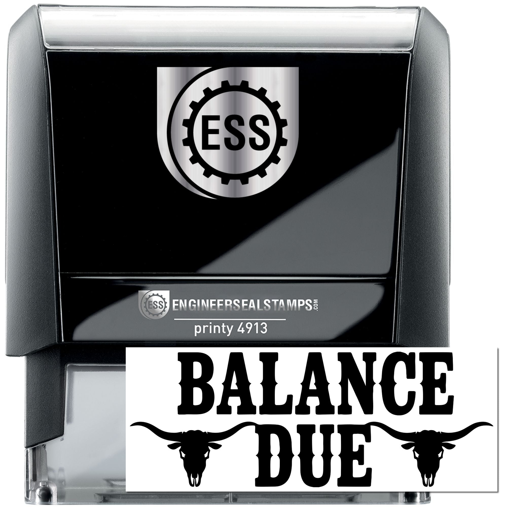 Black and silver self-inking engineer seal stamp with ESS logo and BALANCE DUE imprint