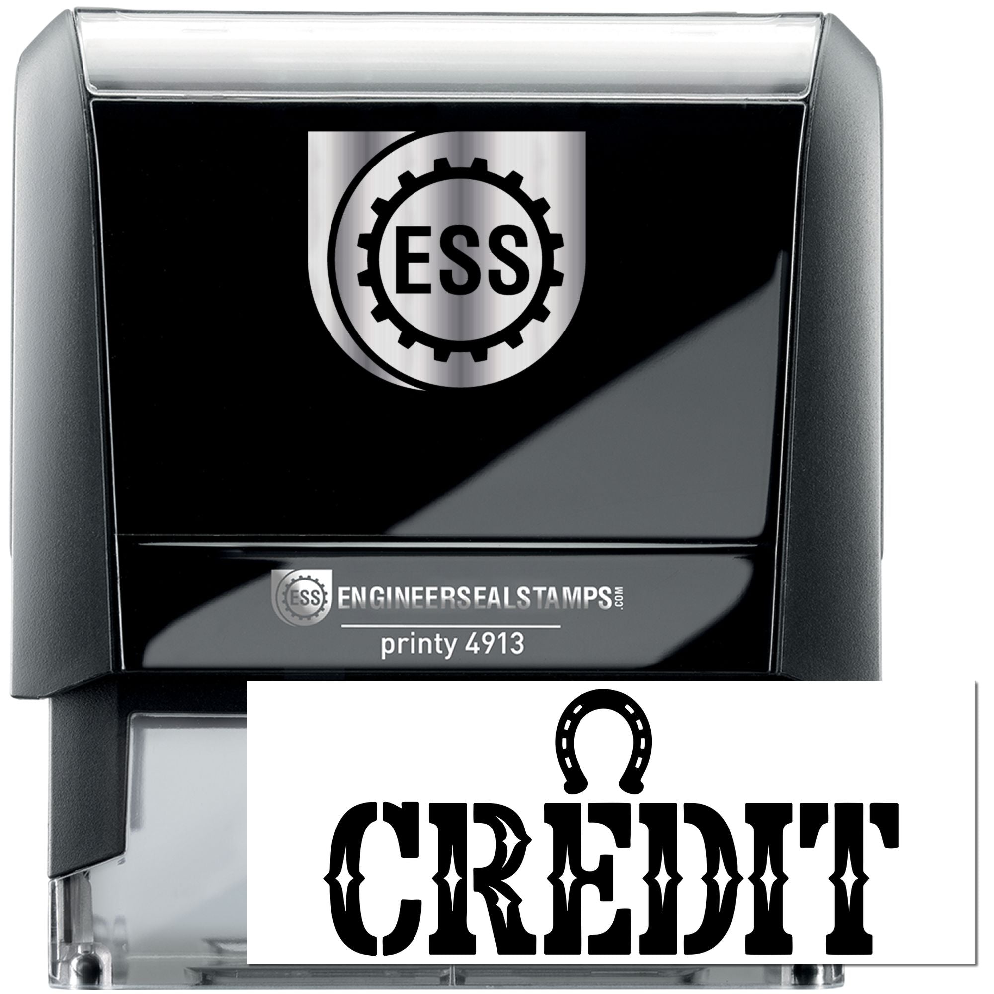 Black self-inking engineer seal stamp with silver ESS logo and white custom seal insert