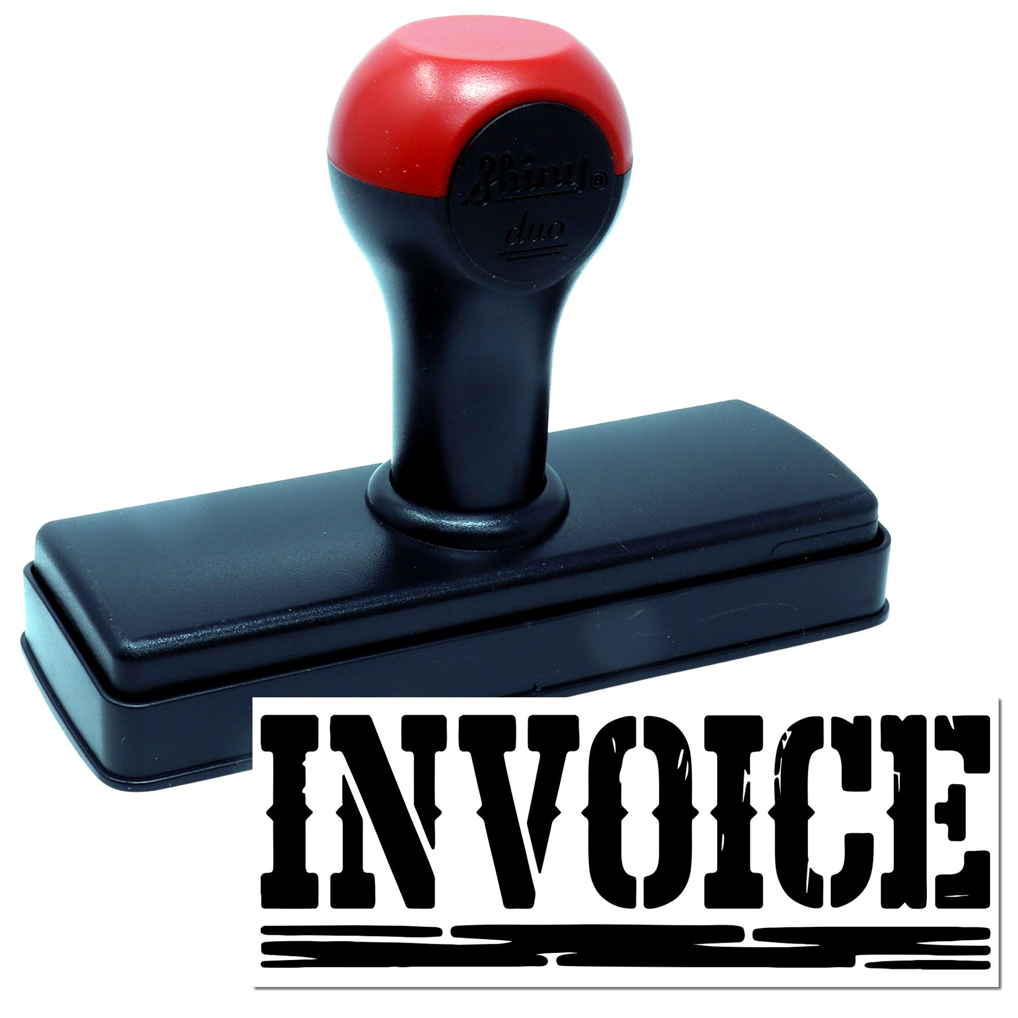 Red and black self-inking invoice stamp and seal with rectangular base and bold INVOICE imprint.