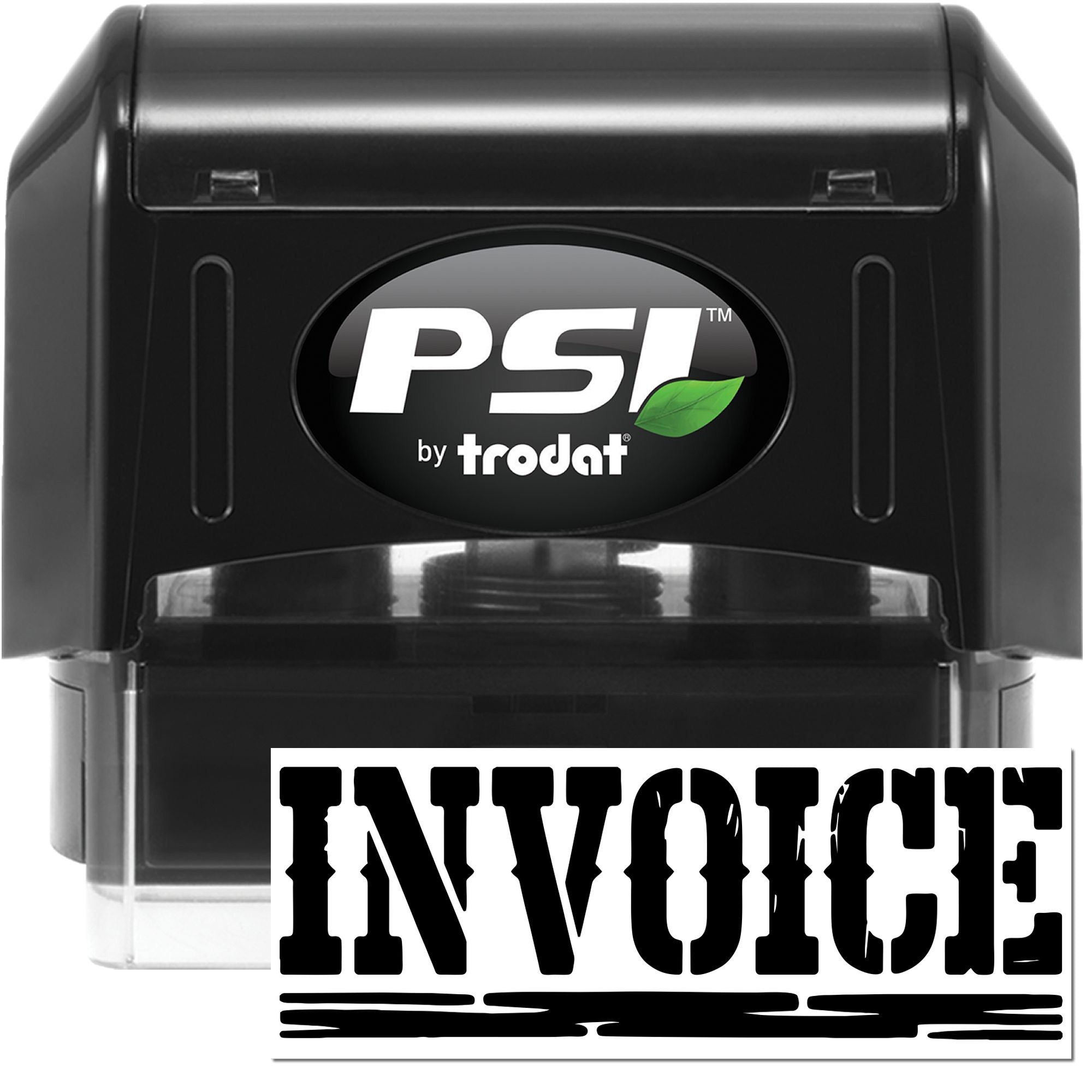Black PSI by Trodat self-inking stamp and seal with white logo, green leaf, and bold invoice imprint.