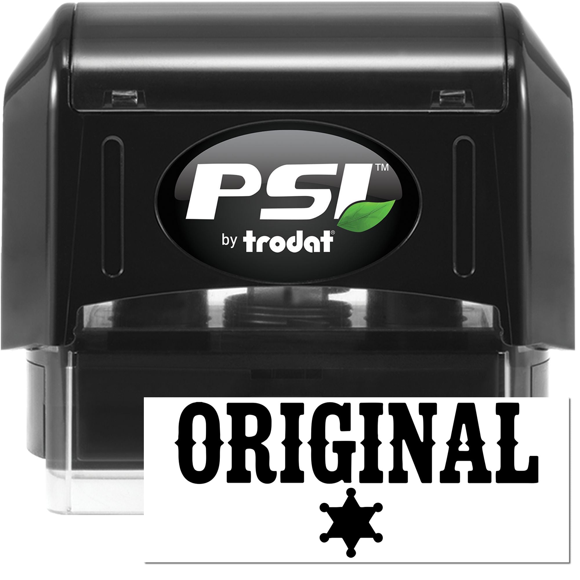 Black PSI by Trodat self-inking stamp and original seal in black and white, with green leaf logo and badge icon on clear base.