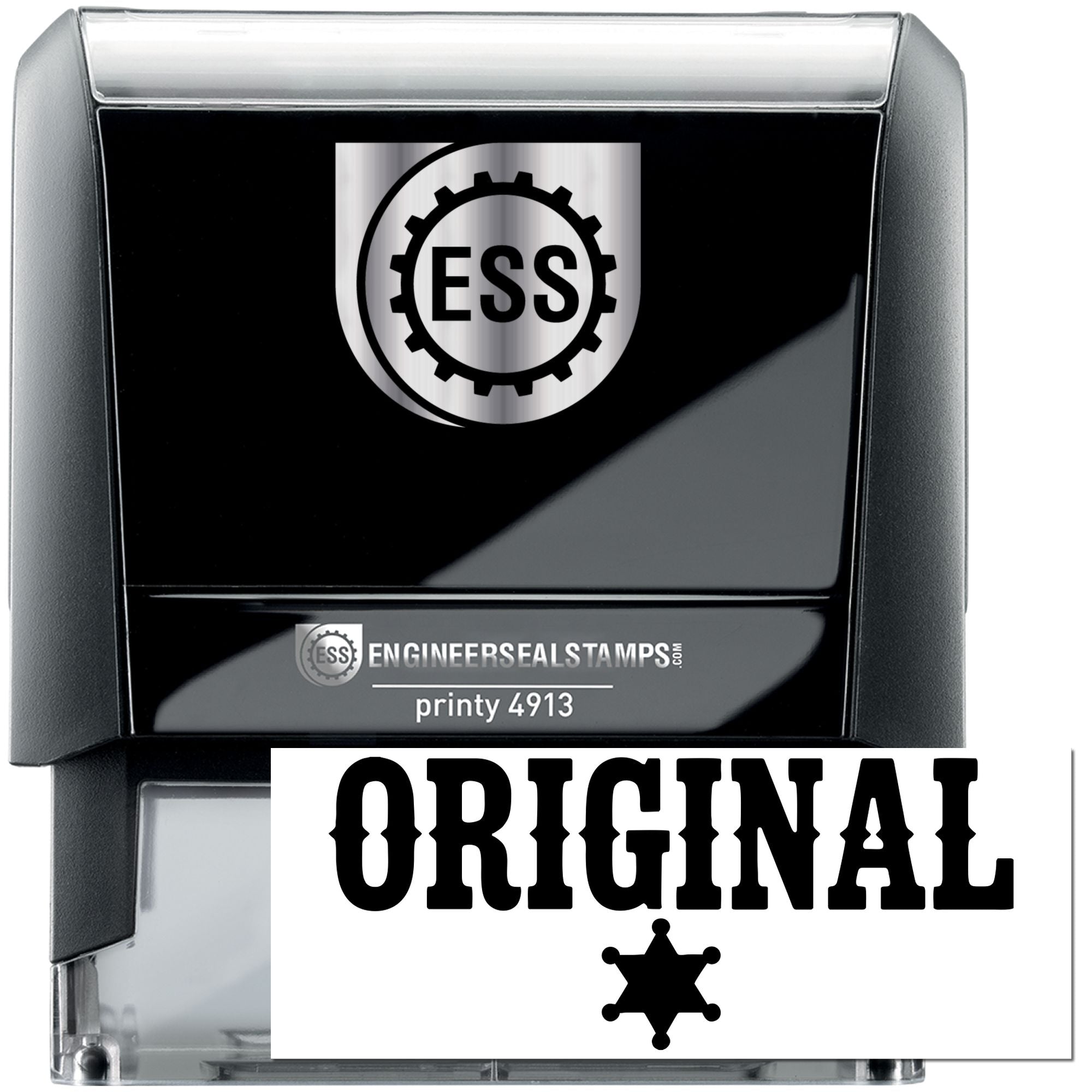 Black and silver EngineerSeal self-inking stamp and seal with ESS gear logo, Original label, and printy 4913.