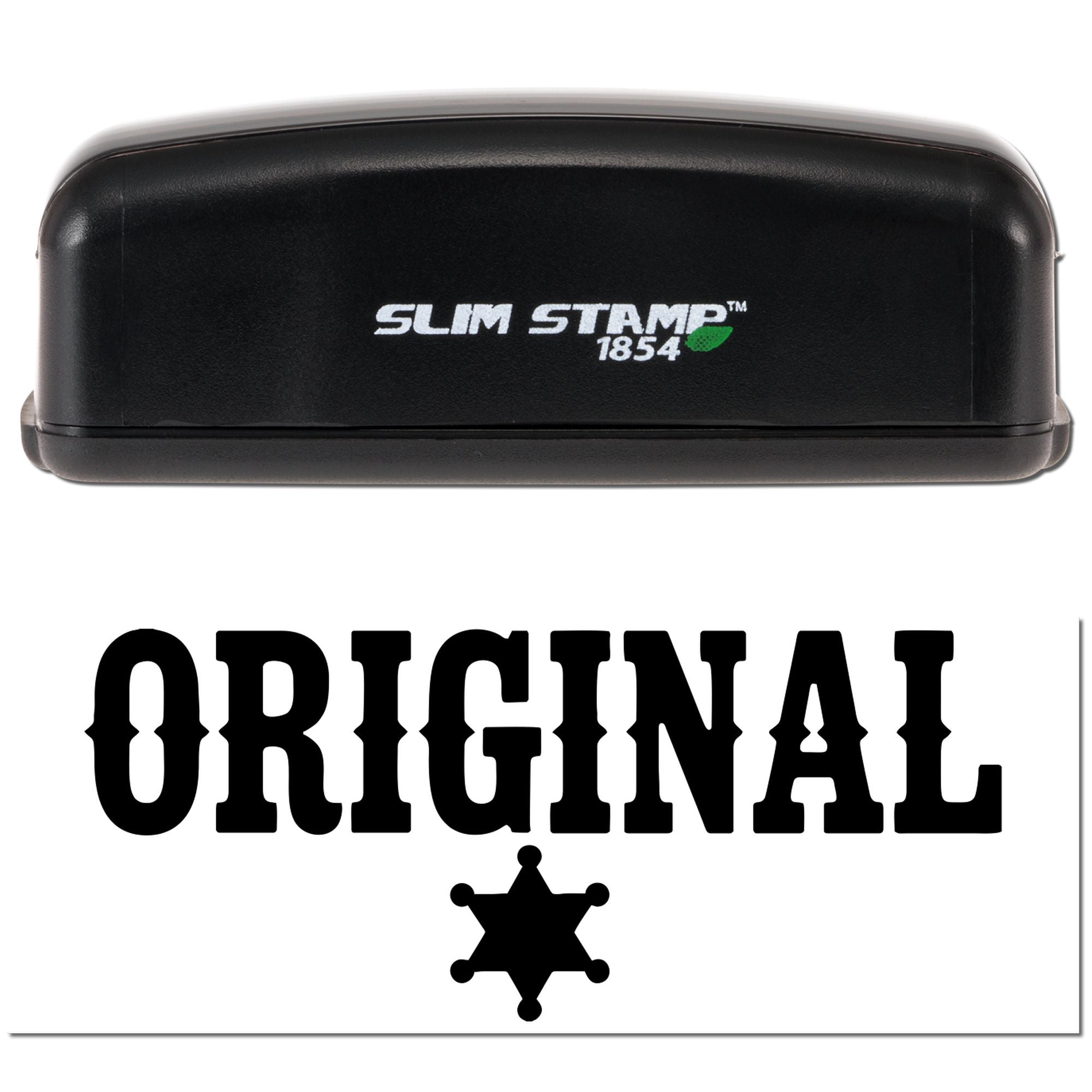 Black Slim Stamp 1854 stamp and seal with white lettering, green accent, and star seal emblem on a white background.