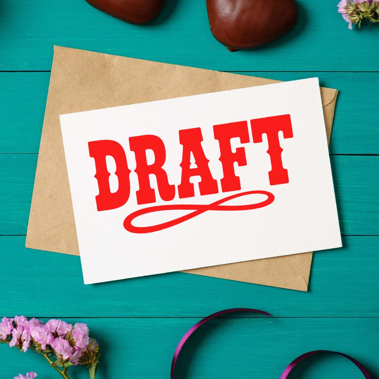Red DRAFT stamp on white card over kraft envelope, on teal wood with floral accents.