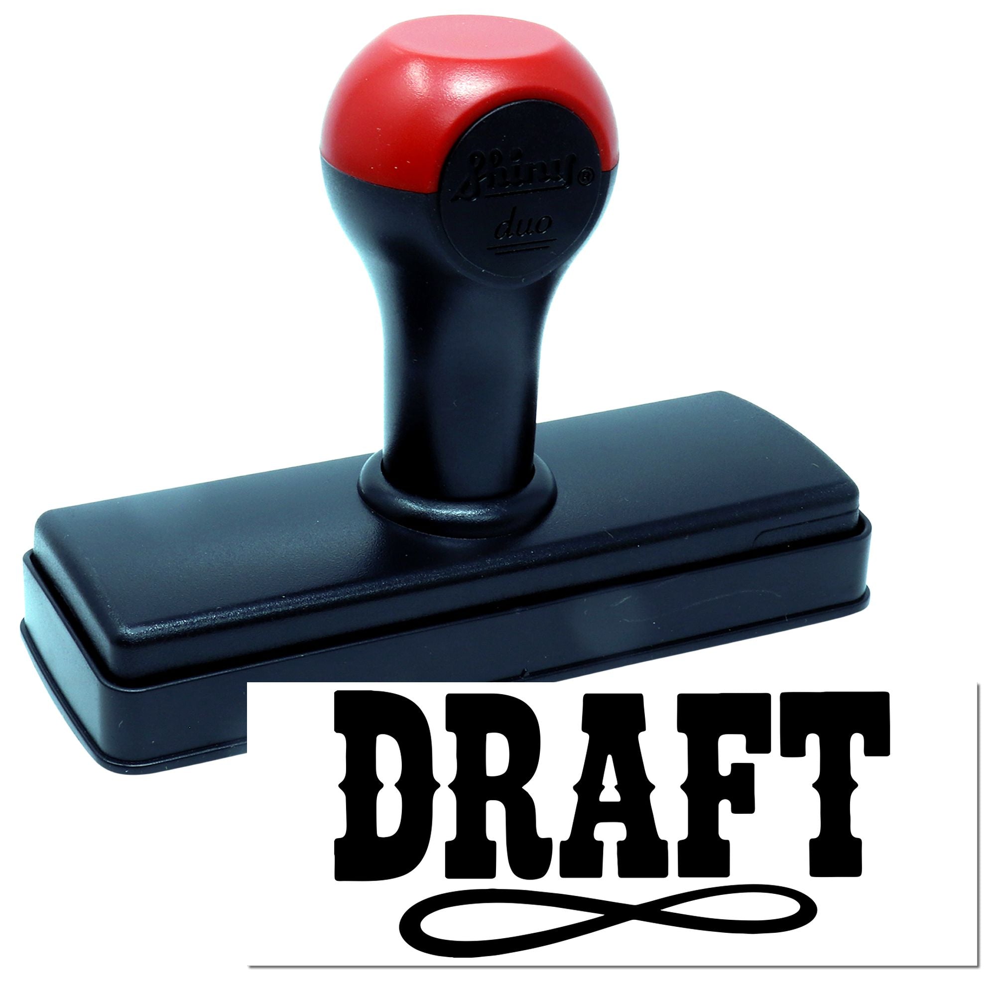 Red and black self-inking stamp with rectangular base and bold black DRAFT seal text for documents
