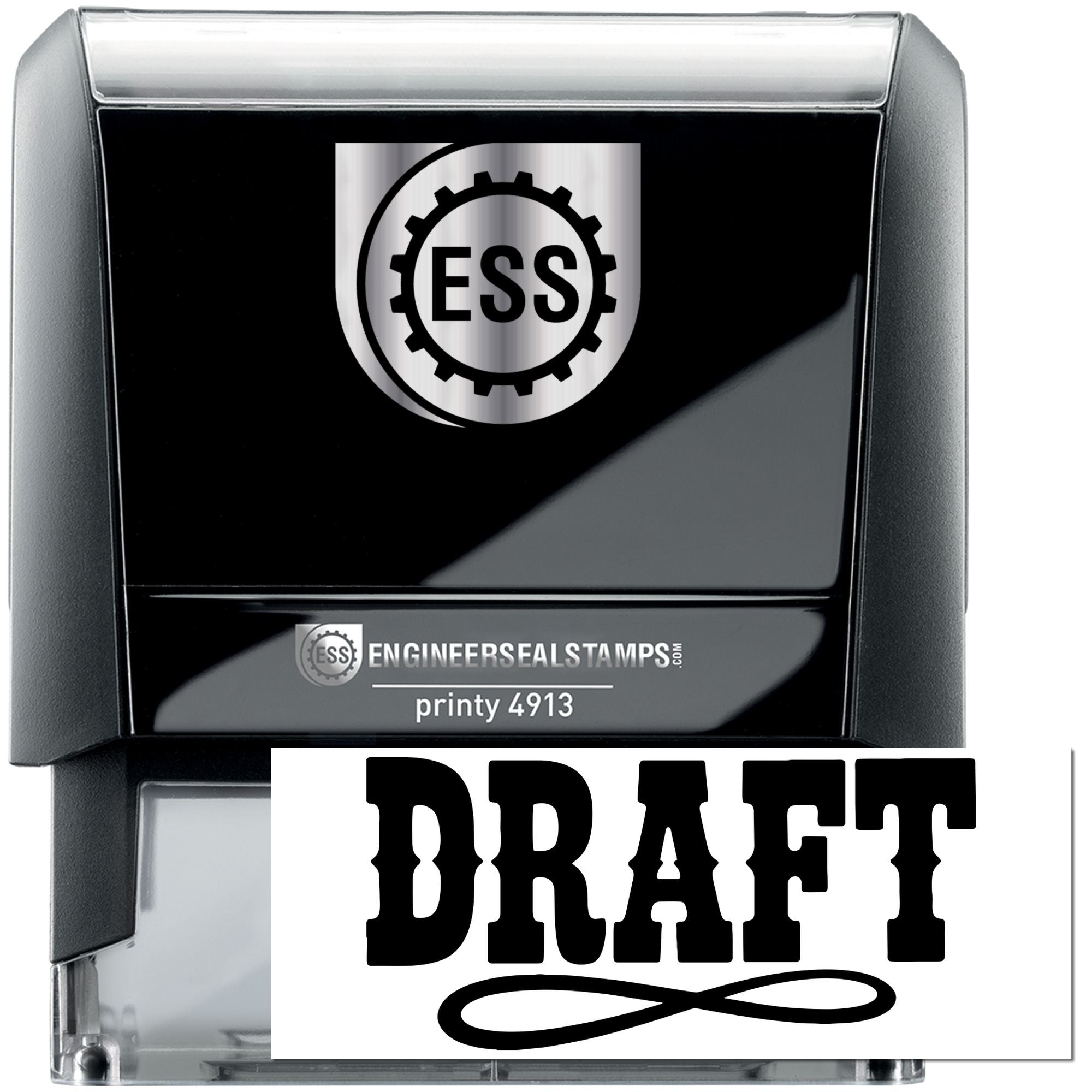 Black and silver Engineer Seal self-inking stamp, draft 4913, with ESS gear logo and bold DRAFT text.