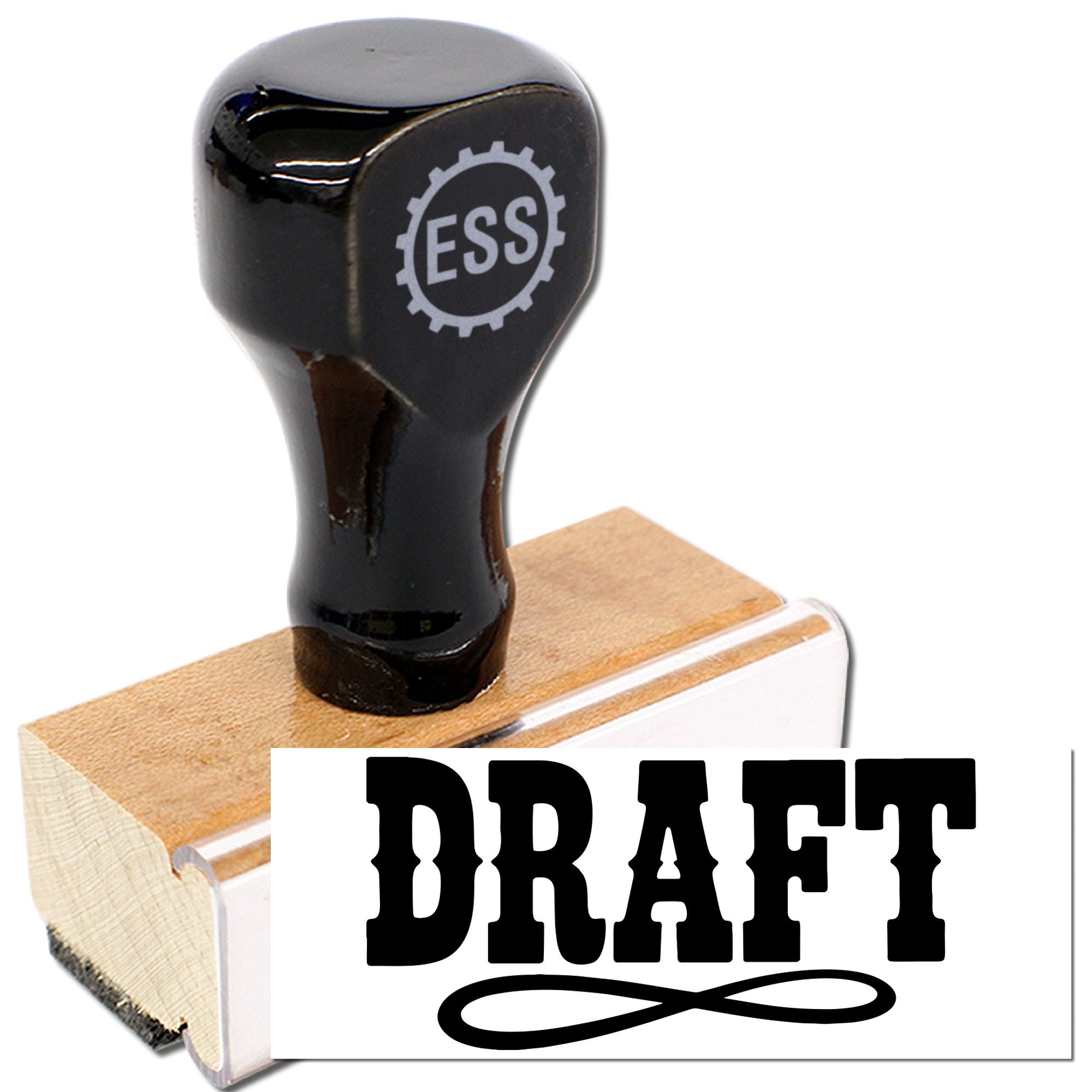 Black rubber stamp and seal on wooden base, with ESS gear logo and bold DRAFT text in black.