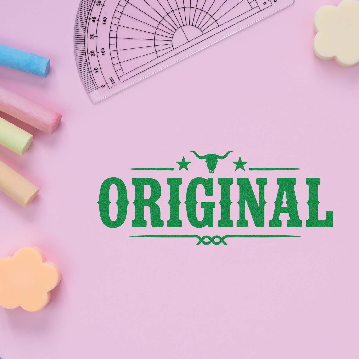 Green ORIGINAL stamp seal on pink background with pastel cloud accents and clear protractor.