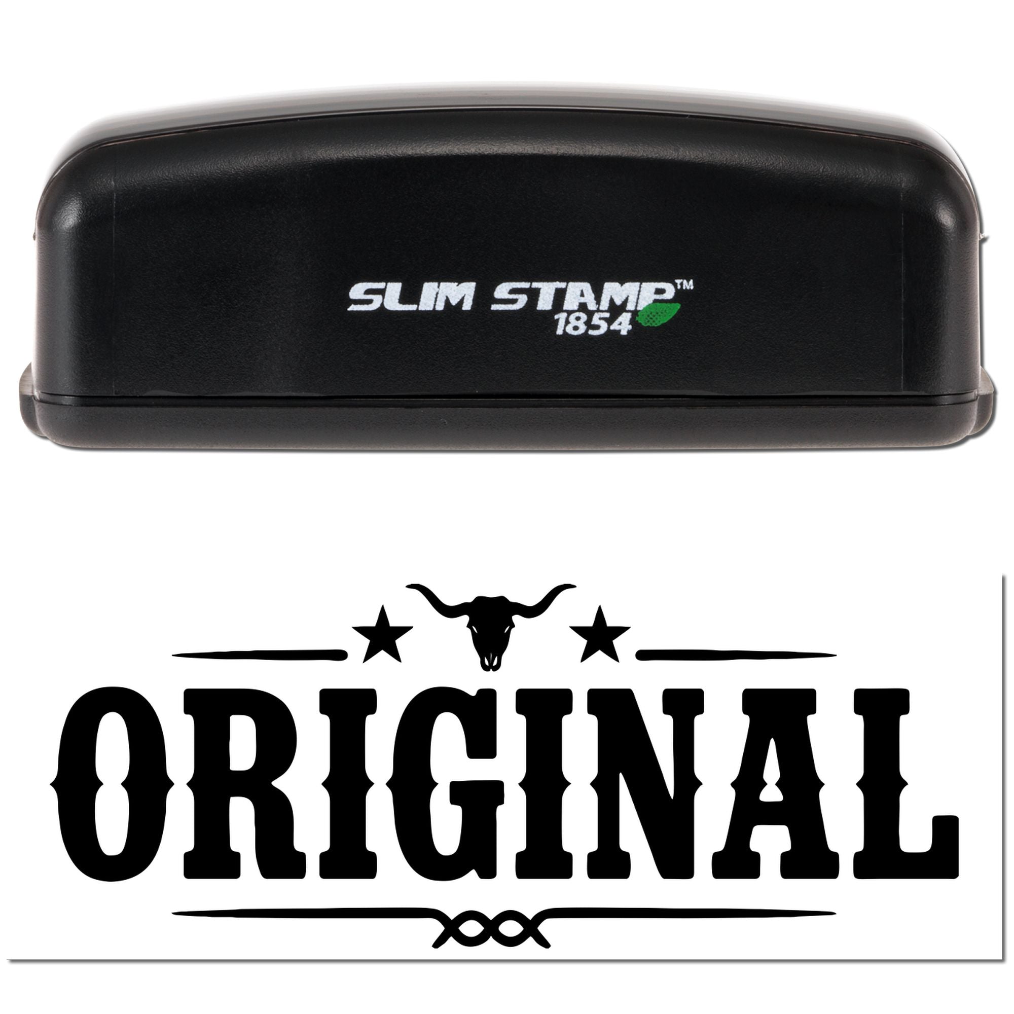 Black Slim Stamp 1854 seal in black with white logo and green leaf, plus a bold black ORIGINAL stamp impression with bull skull and stars.