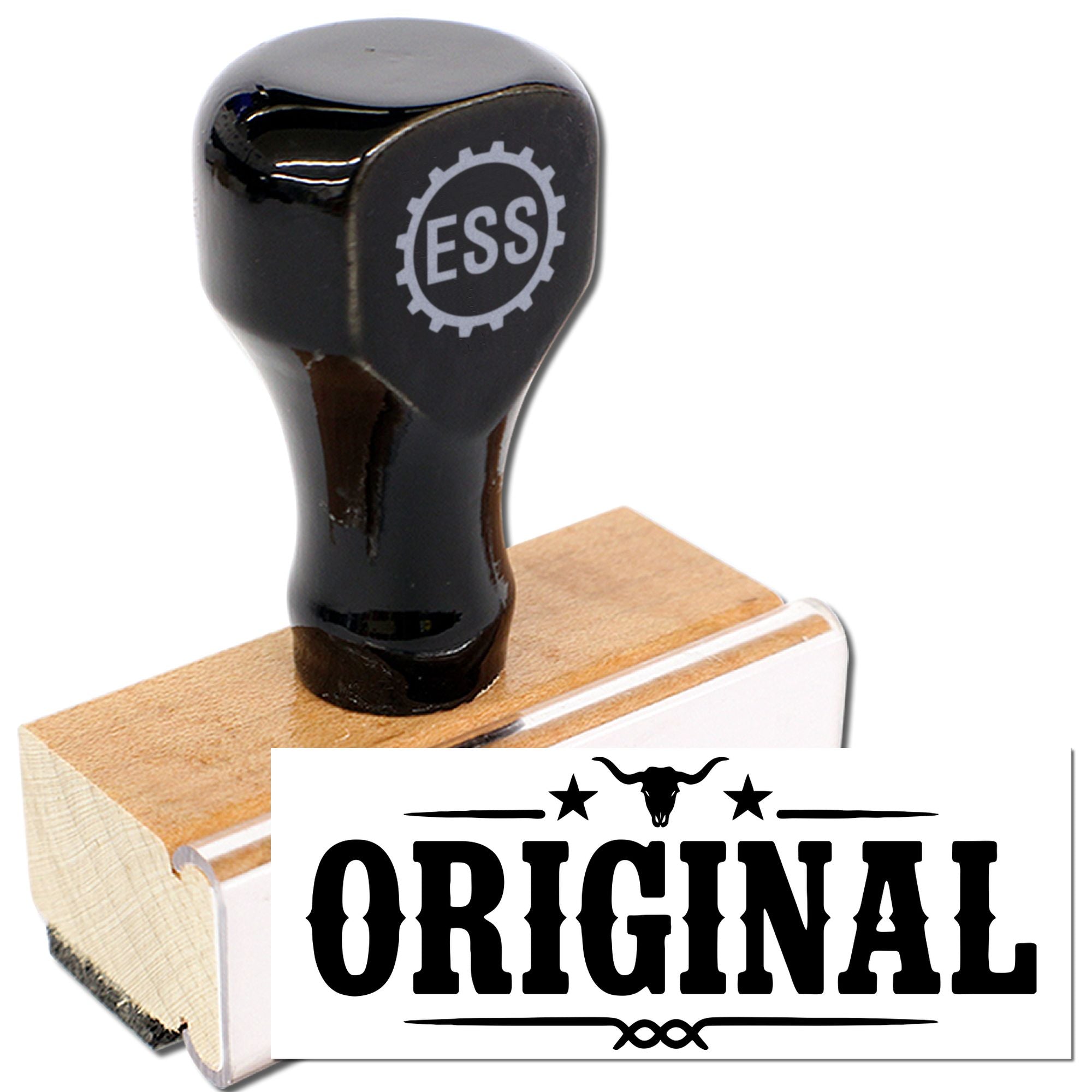 Black ESS custom stamp on a wooden block, with bold 'ORIGINAL' seal imprint.