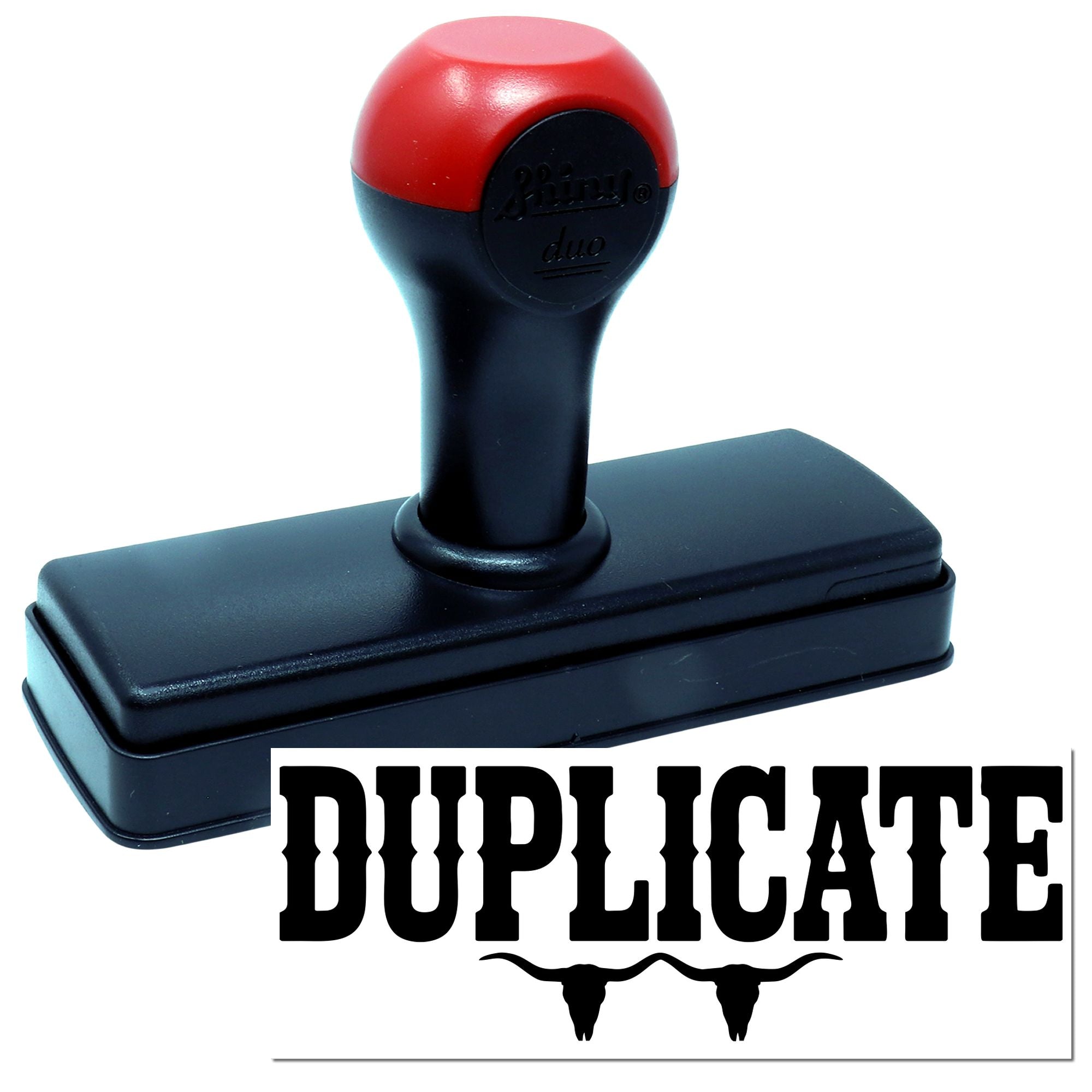 Red and black self-inking duplicate stamp and seal with a large rectangular base and Duplicat logo