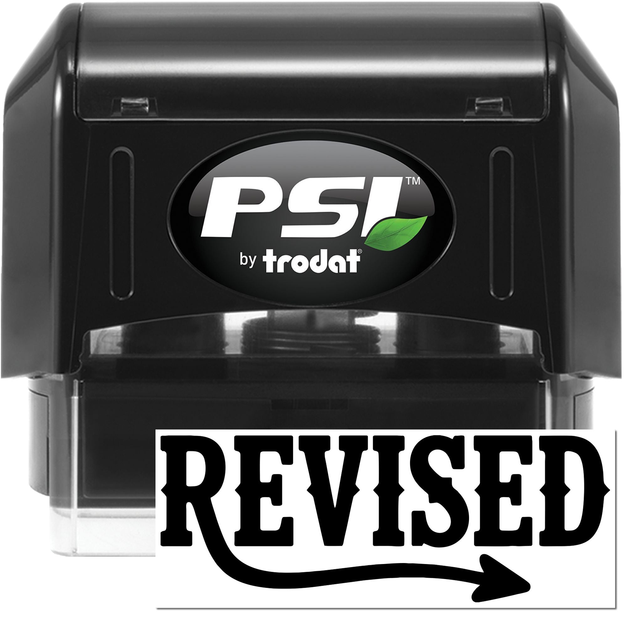 Black PSI by Trodat self-inking stamp and seal in black, with green leaf logo and bold REVISED imprint.