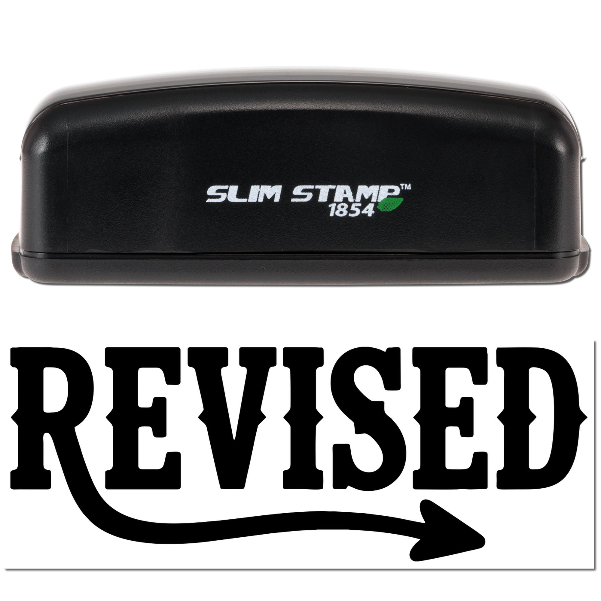 Black Slim Stamp 1854 embossing seal with bold black REVISED text and arrow on a white background.