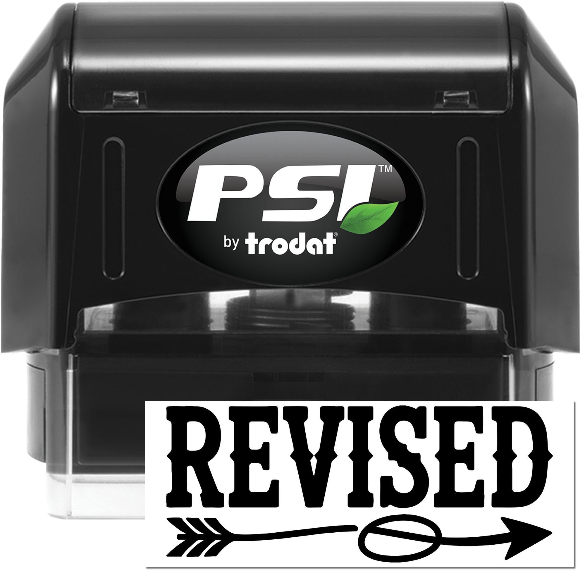 Black PSI by Trodat self-inking stamp with green leaf logo and bold REVISED seal impression.