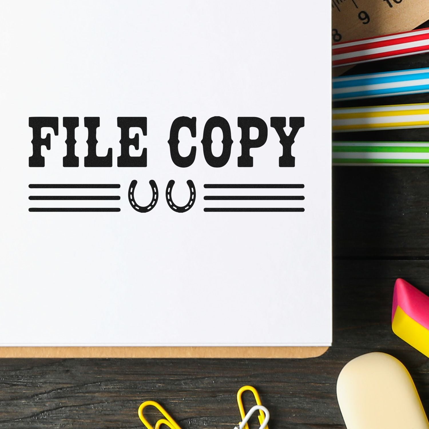 Black FILE COPY stamp on white paper with horseshoe icons, beside colorful seal and stamp supplies