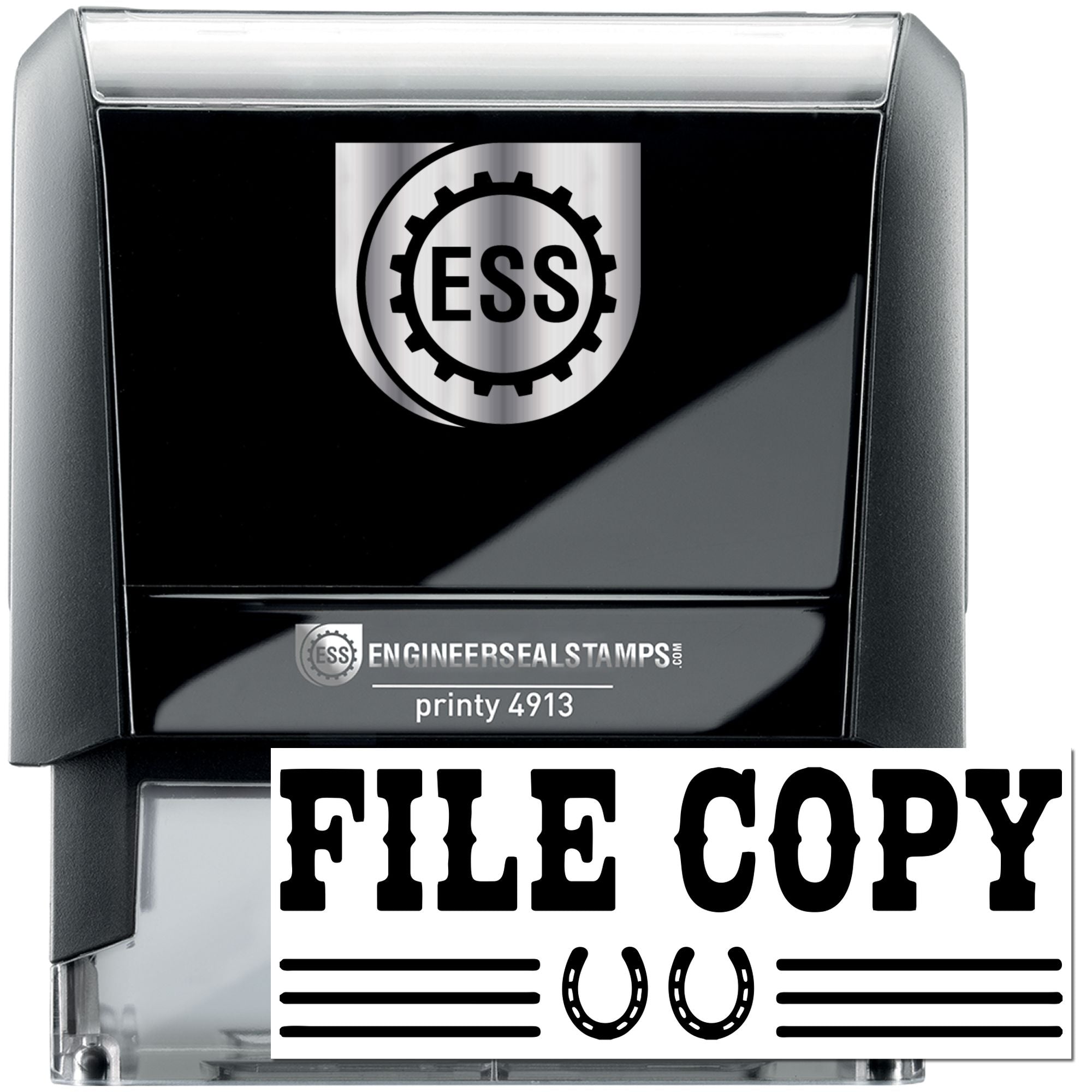 Black and silver ESS self-inking stamp and seal with FILE COPY text and horseshoe icons.