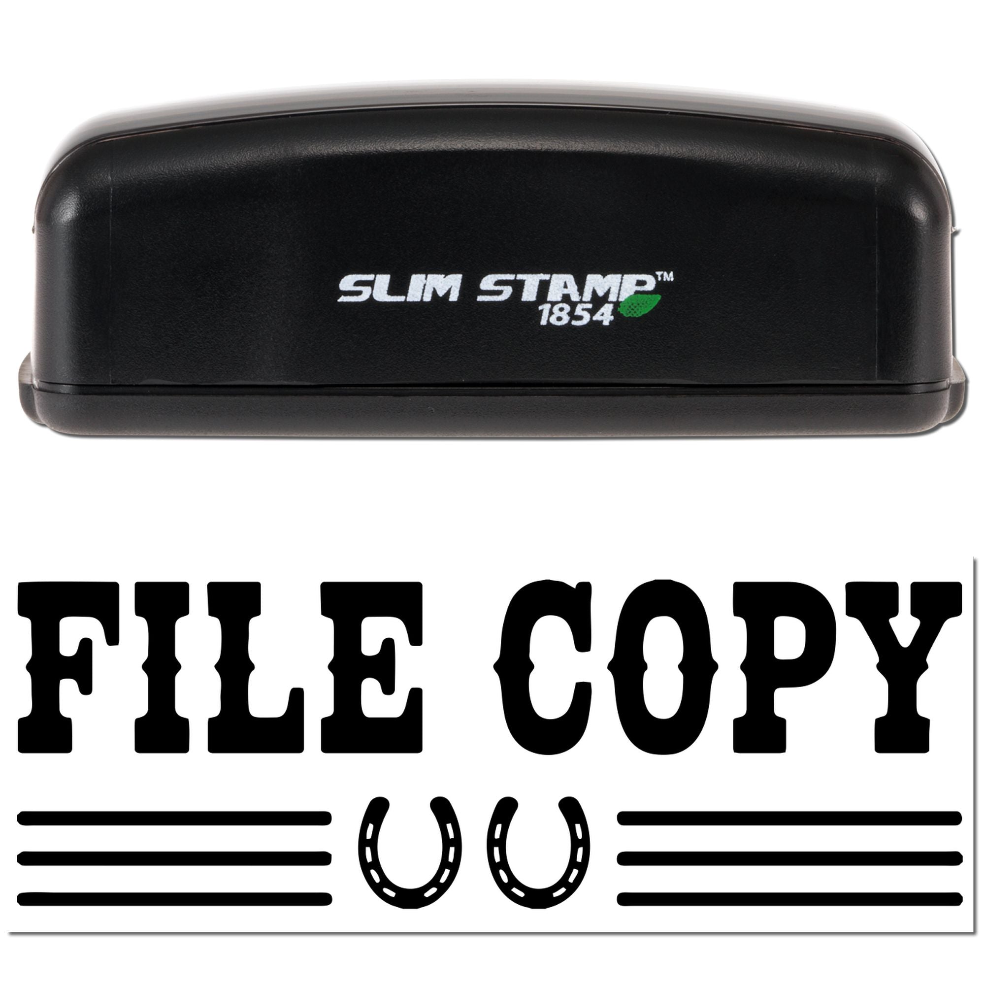 Black Slim Stamp 1854 self-inking stamp and FILE COPY seal design with bold black lettering on white.