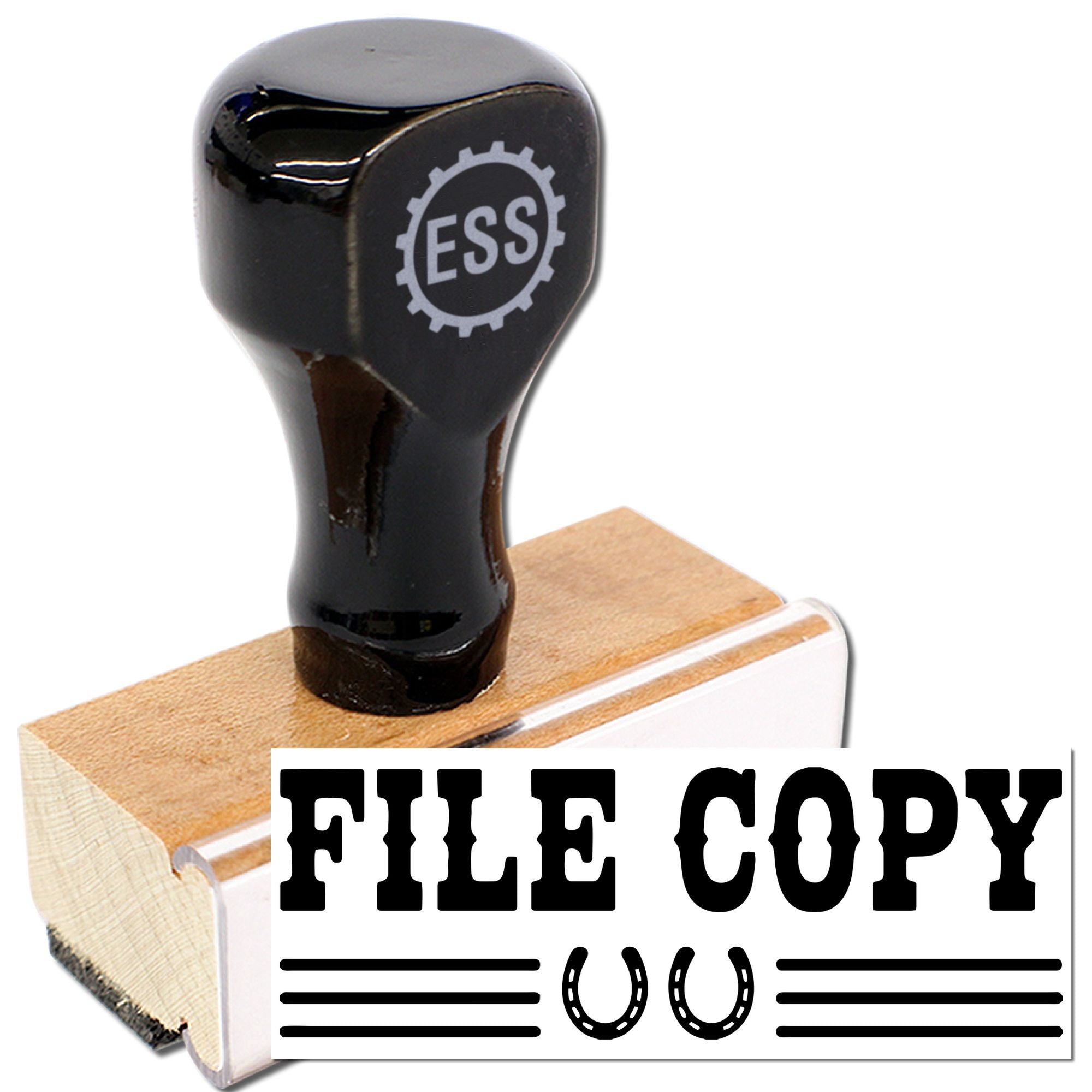 Black self-inking office stamp with wooden base, FILE COPY impression, and ESS logo.
