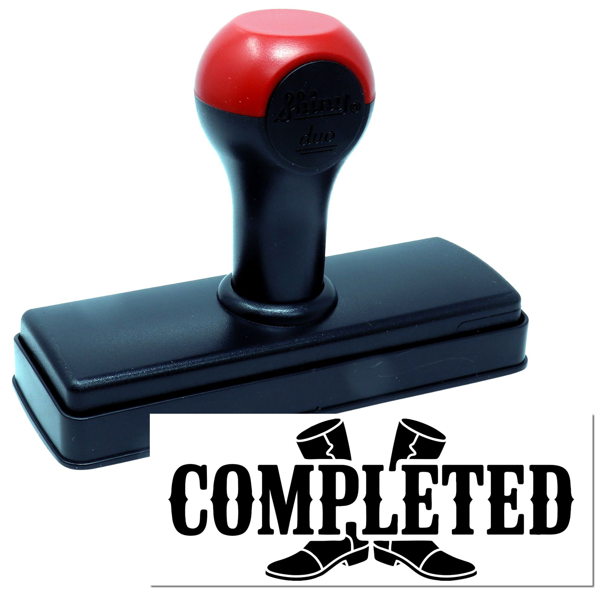 Red and black self-inking company stamp and seal with rectangular base and COMPLETED imprint display.