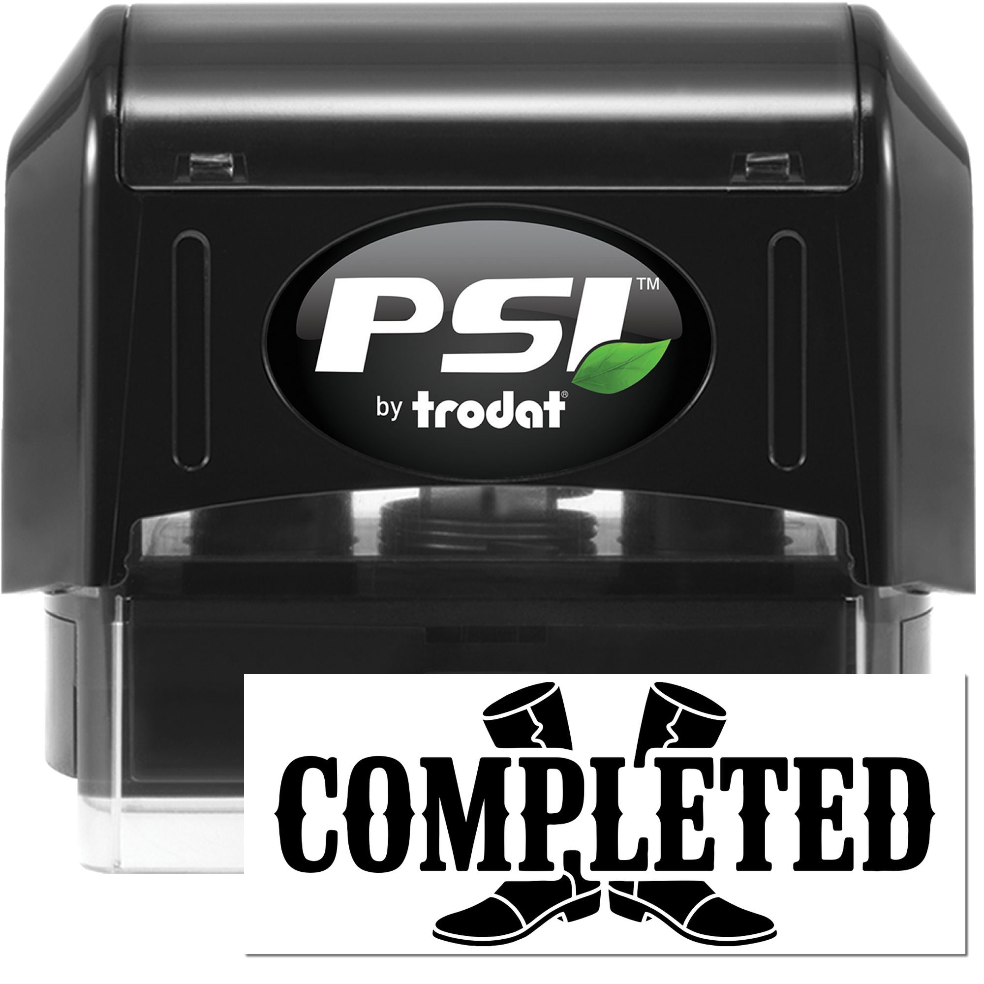 Black PSI by Trodat self-inking stamp with completed seal design and clear case, showing custom stamp and seal product.