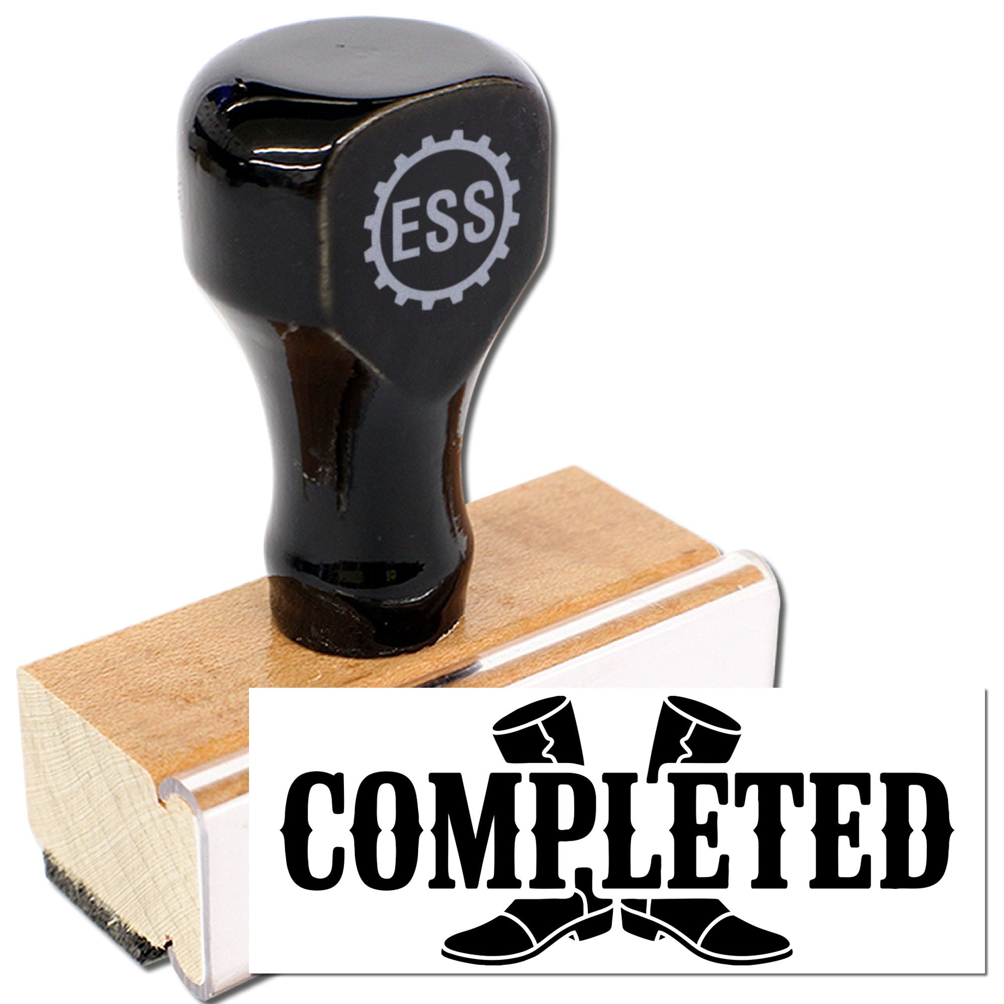Black ESS stamp and seal on wooden block with completed imprint graphic
