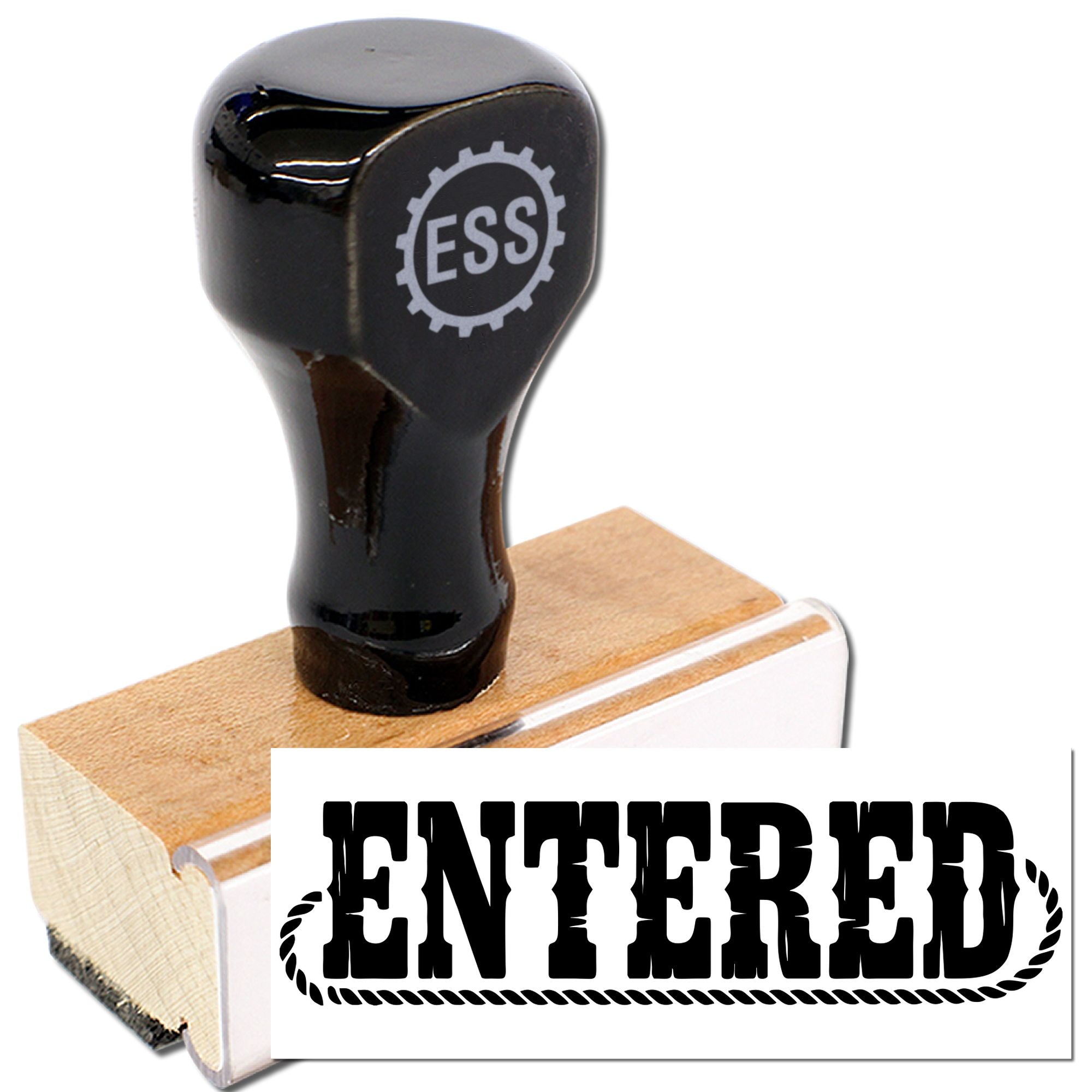 Black rubber self-inking stamp with wooden handle, white base, and bold ENTERED seal design.
