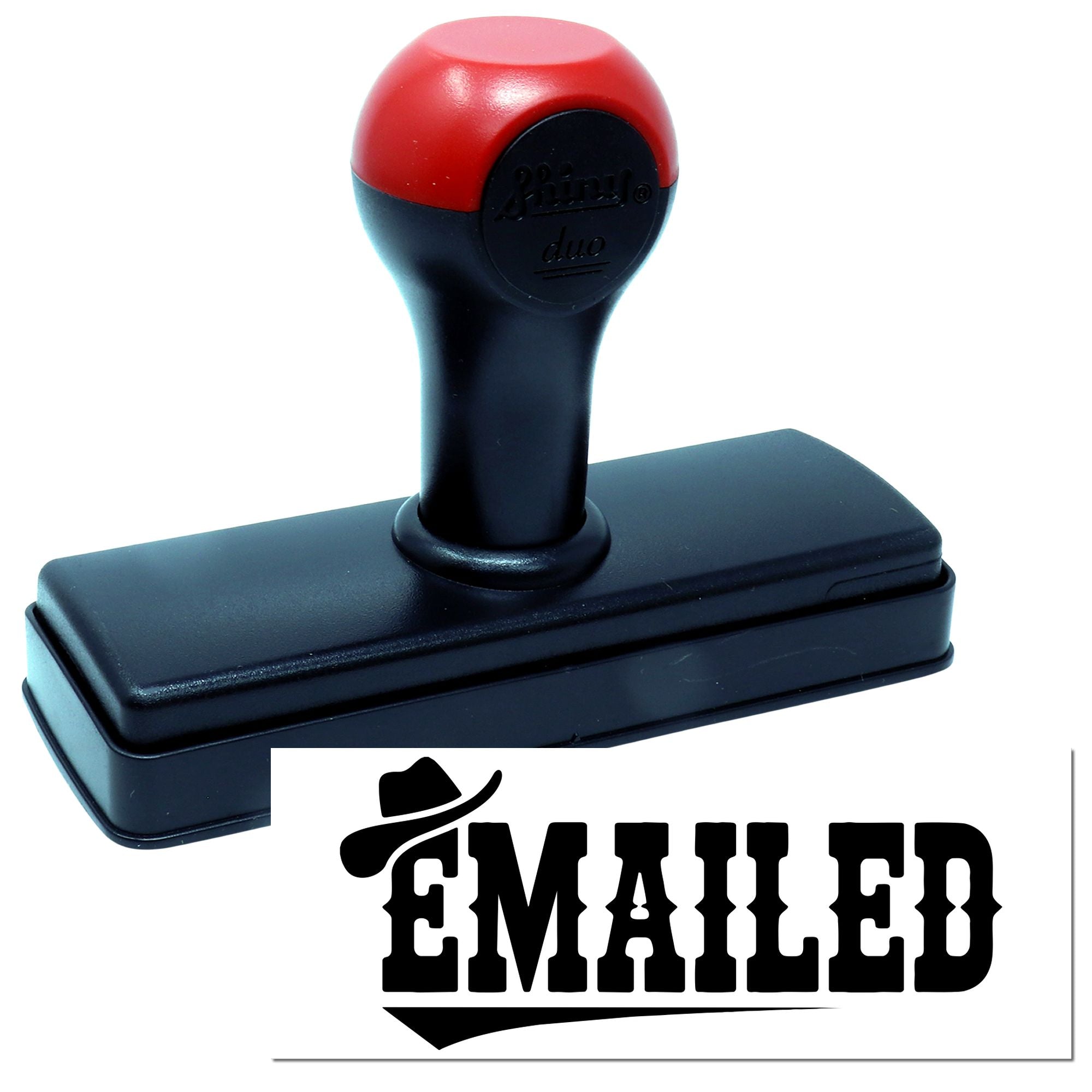 Red and black self-inking stamp with rectangular base and bold EMAILED seal imprint