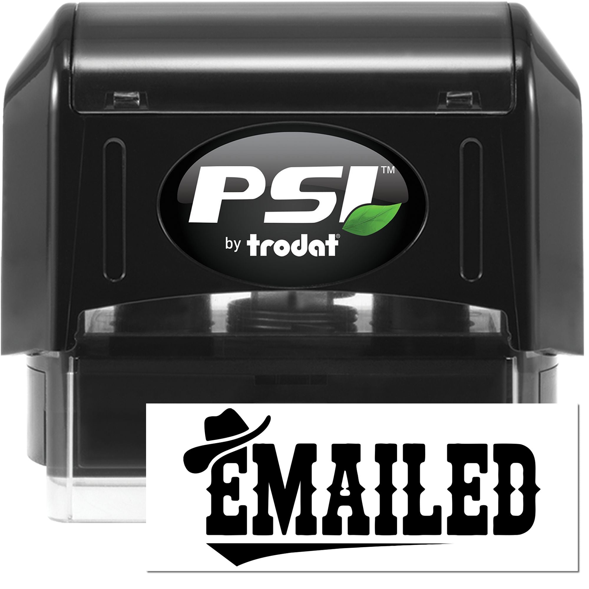Black PSI by Trodat self-inking stamp and EMAILED seal with green leaf logo