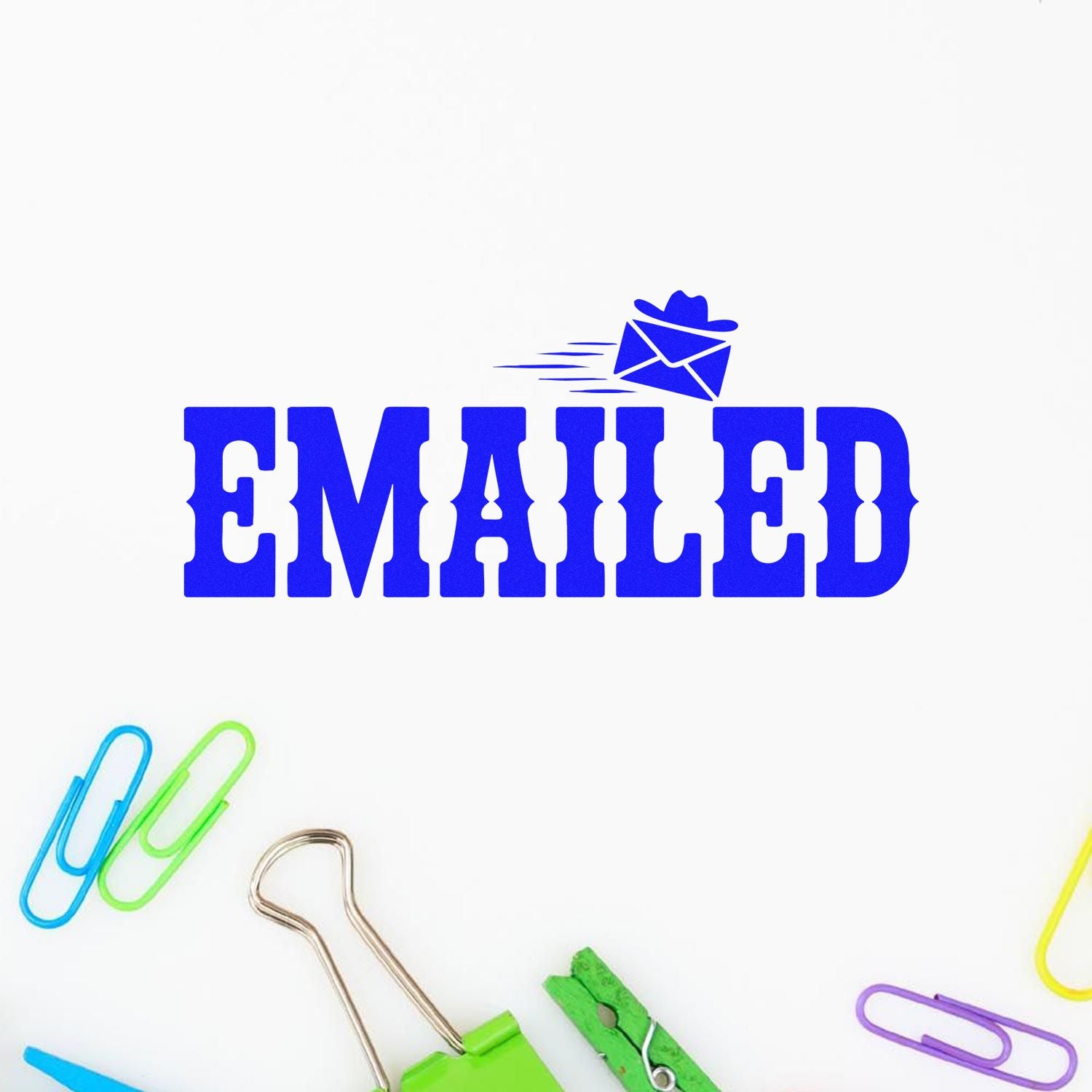 Blue EMAILED stamp and seal design with envelope icon on white background, surrounded by colorful paper clips.