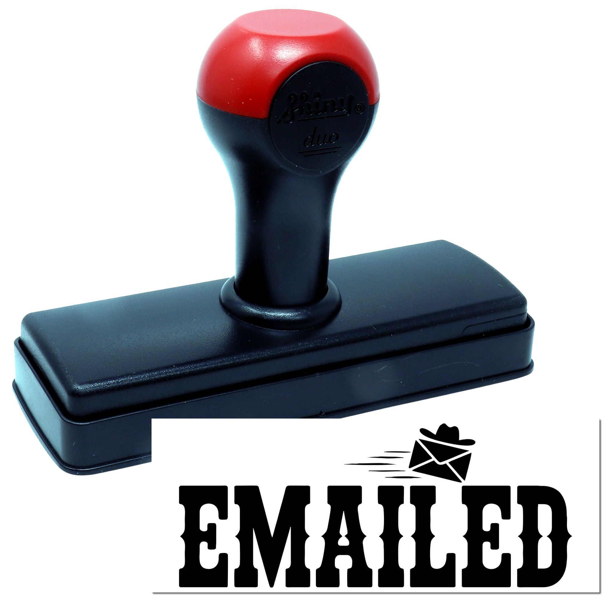 Red and black self-inking stamp and seal with EMAILED text and envelope icon on a rectangular base.