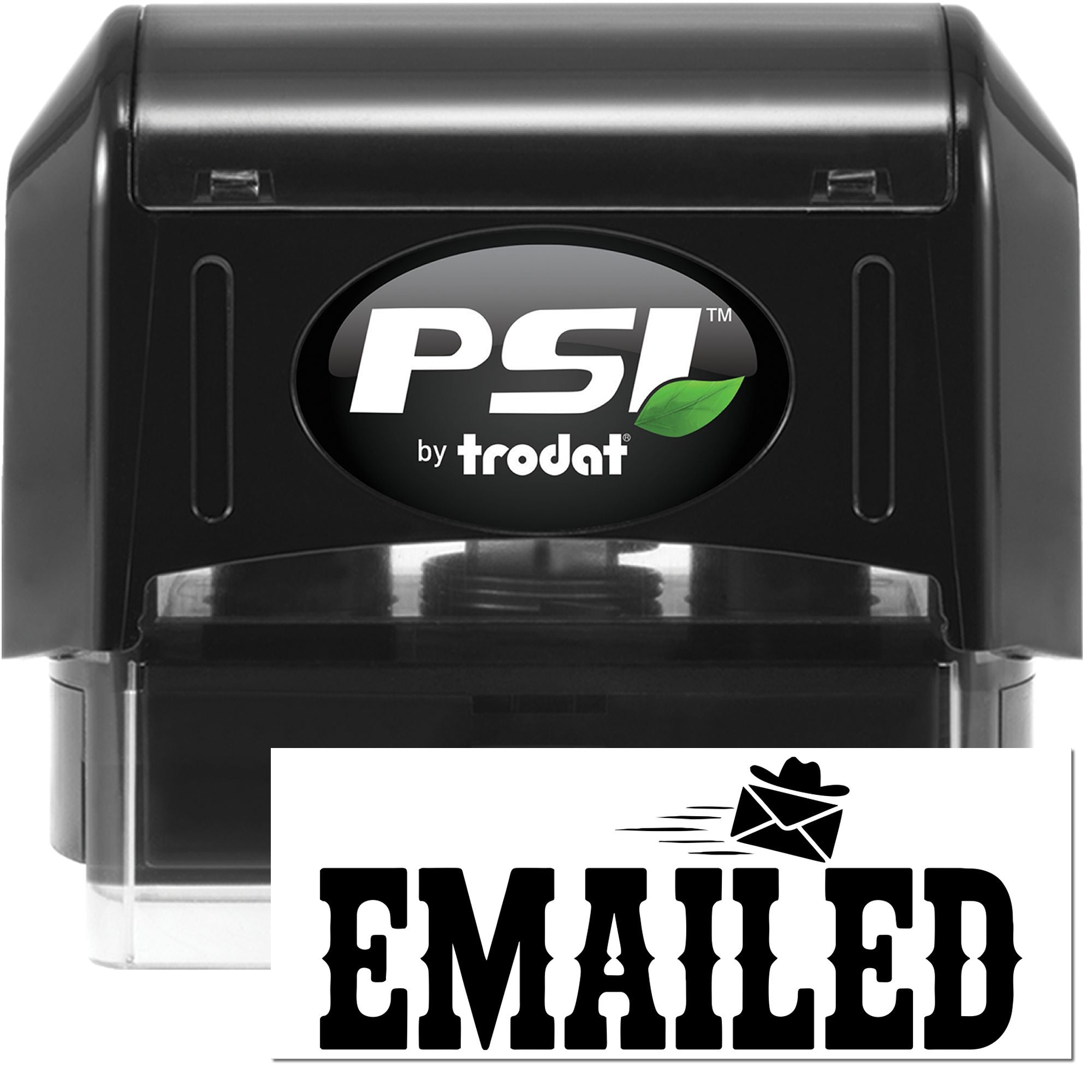 Black PSI by Trodat self-inking stamp with clear casing and bold EMAILED seal graphic on white background.