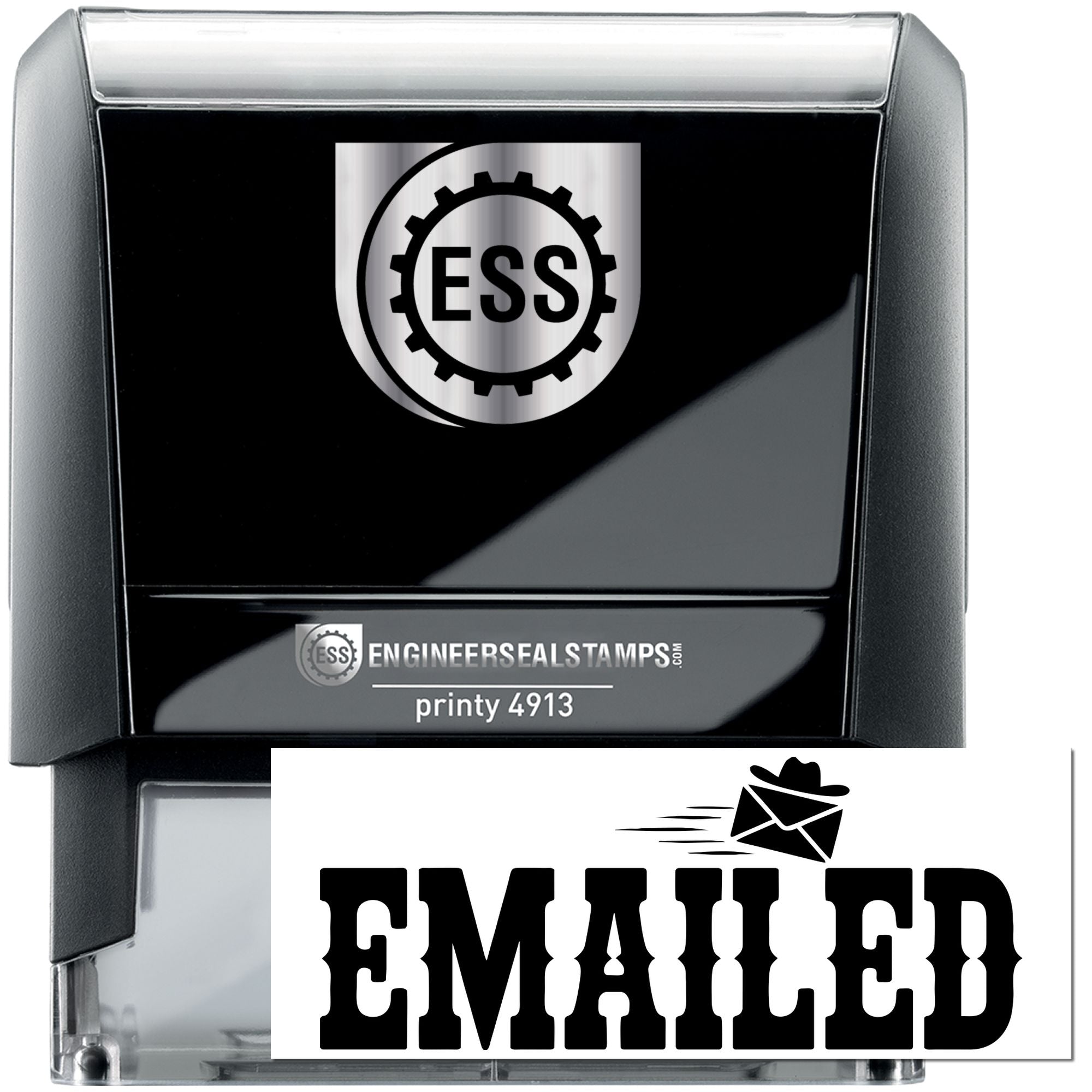Black self-inking engineer seal stamp with silver ESS logo and bold EMAILED imprint, featuring a mail icon.