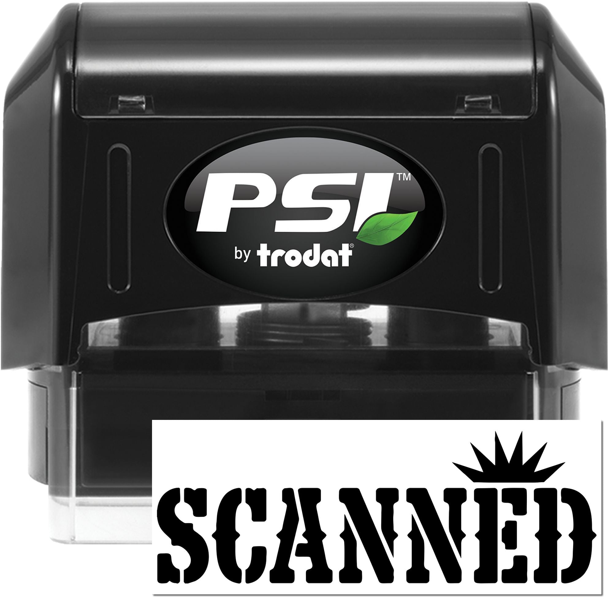 Black PSI by Trodat self-inking stamp and seal, black casing with clear base and bold SCANNED imprint.