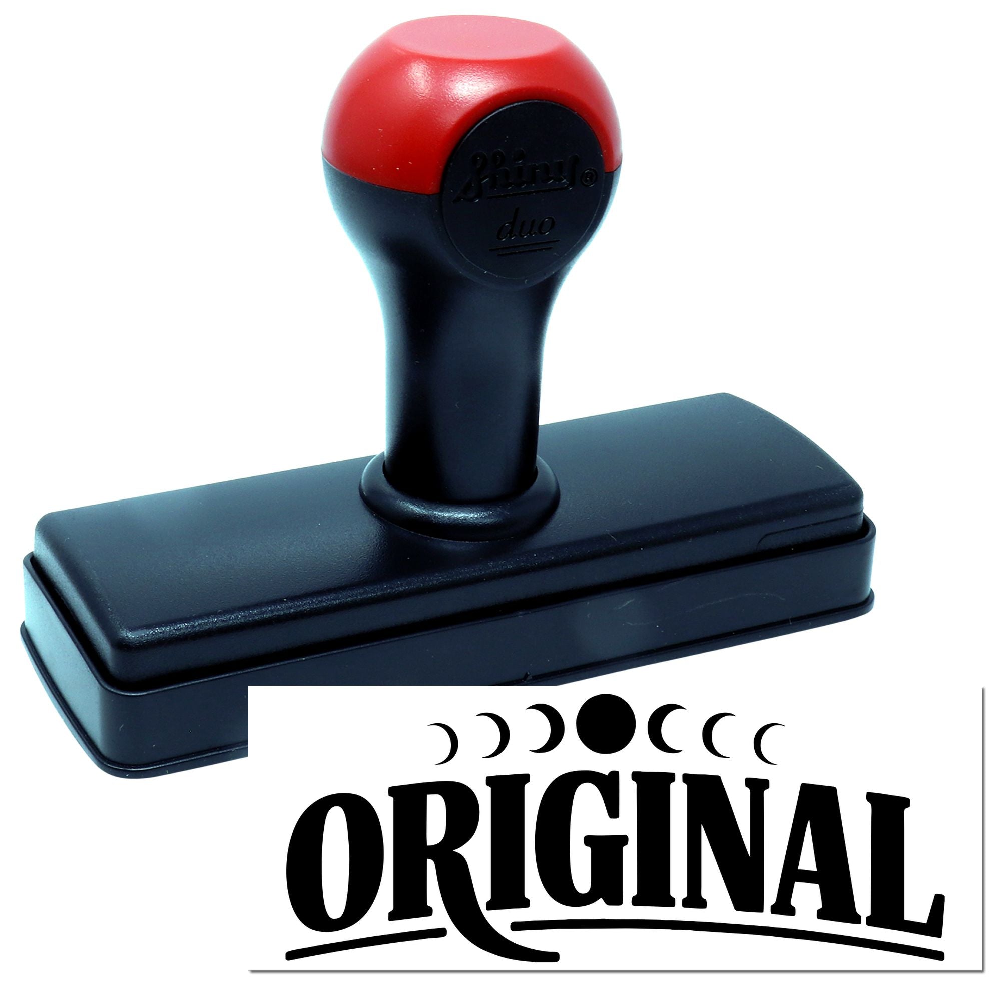 Red-and-black self-inking stamp and seal with rectangular base and Original logo on white background.