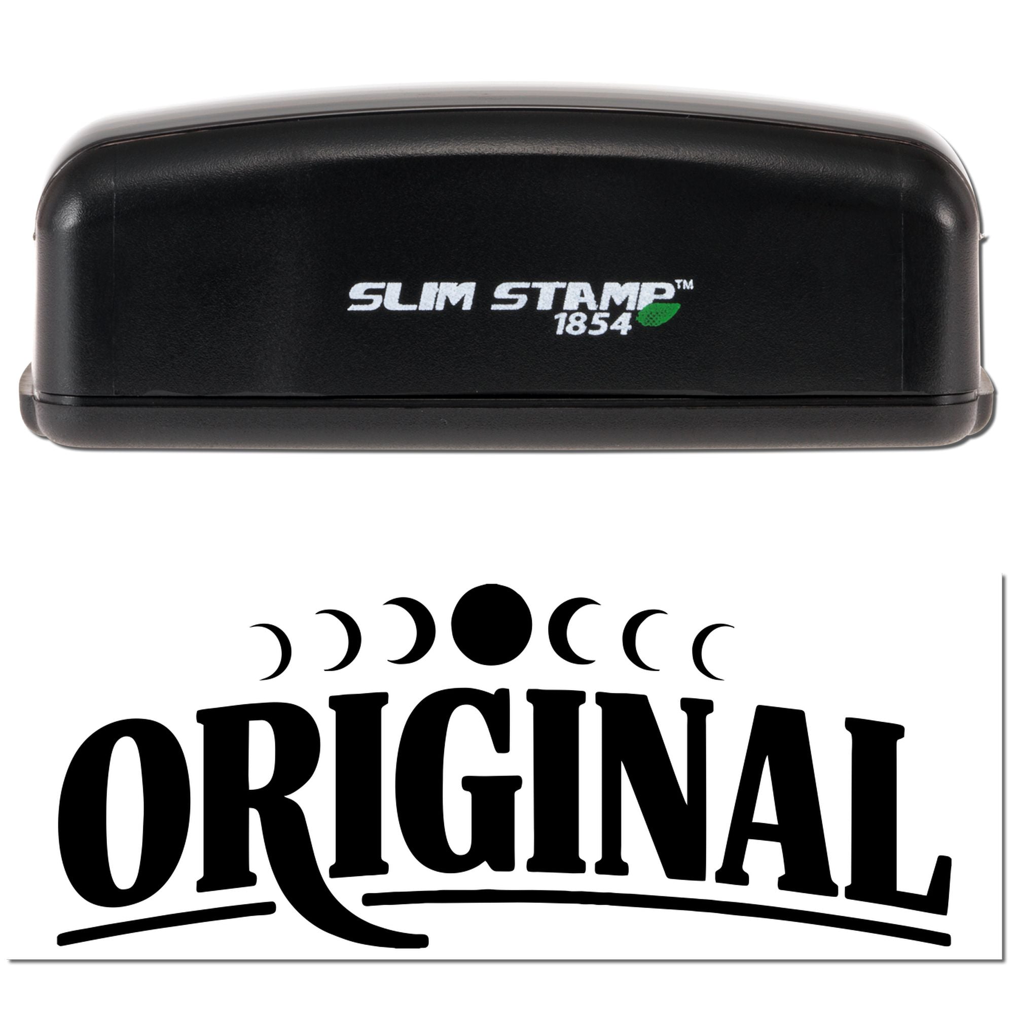 Black Slim Stamp 1854 desk stamp with matching original logo seal design, white lettering and crescent motif.